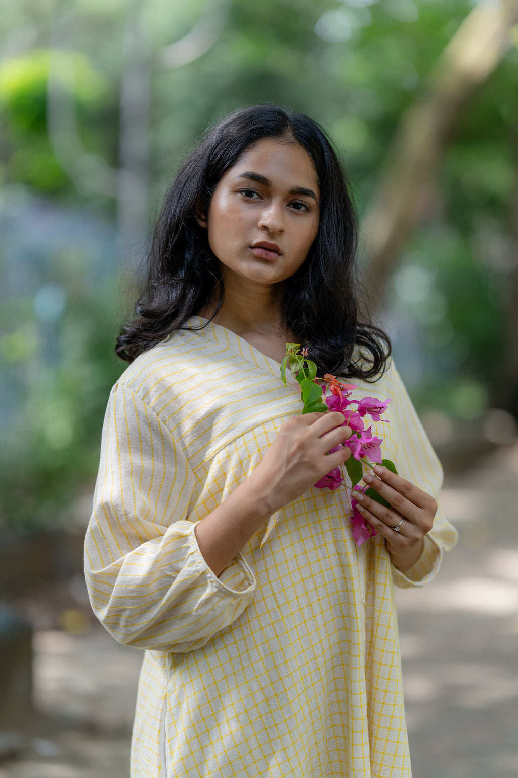 Checks & Stripes Summer Dress with Side Pockets at Kamakhyaa by Krushnachuda. This item is Checks, Handloom Cotton, Midi Dresses, Natural Dye, Organic, Relaxed Fit, Resort Wear, Yellow