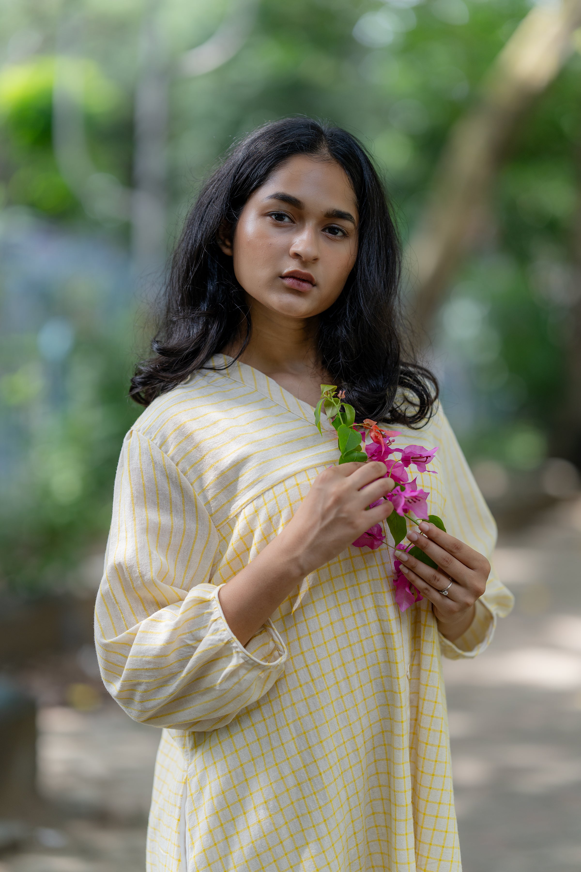 Checks & Stripes Summer Dress with Side Pockets at Kamakhyaa by Krushnachuda. This item is Checks, Handloom Cotton, Midi Dresses, Natural Dye, Organic, Relaxed Fit, Resort Wear, Yellow
