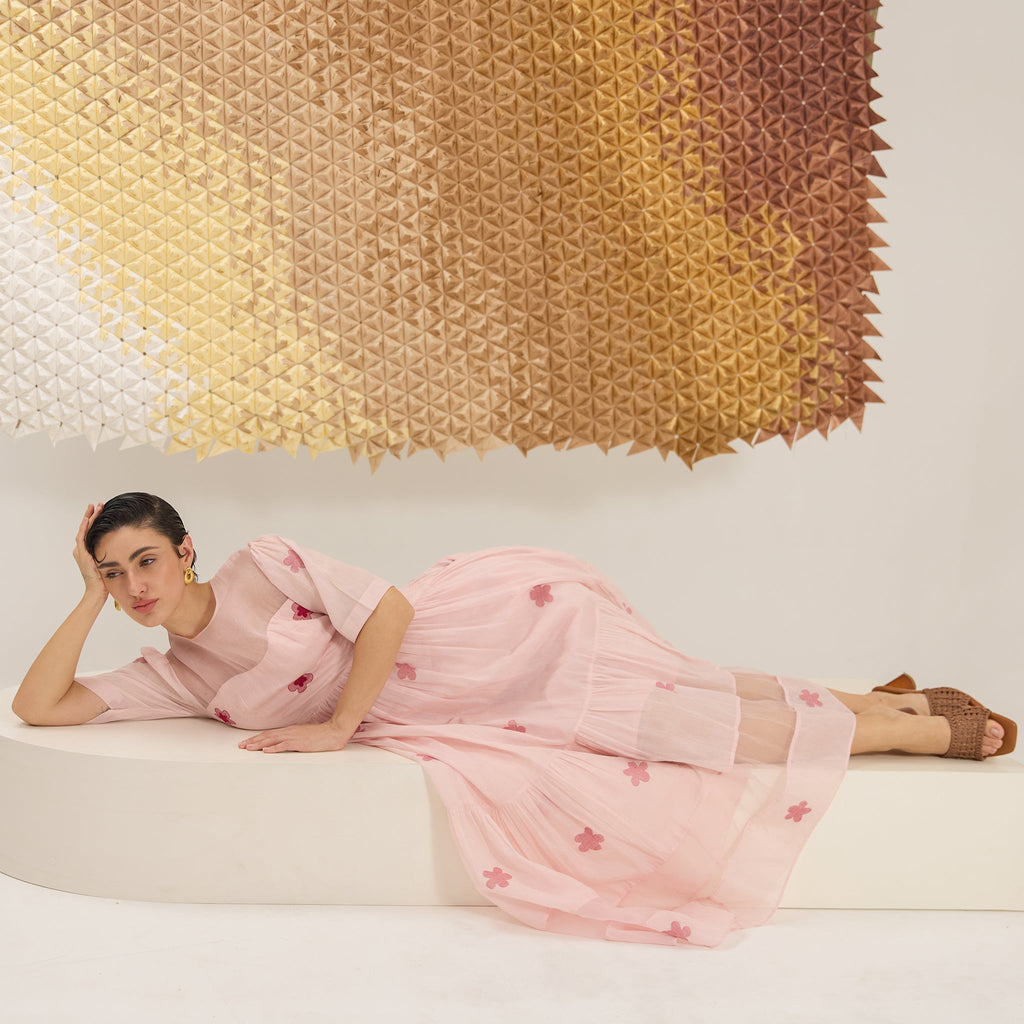 Cherry Blossom at Kamakhyaa by The Loom Art. This item is Fluer De Code by The Loom Art, French Knots, Handwoven Cotton Silk, Pinke