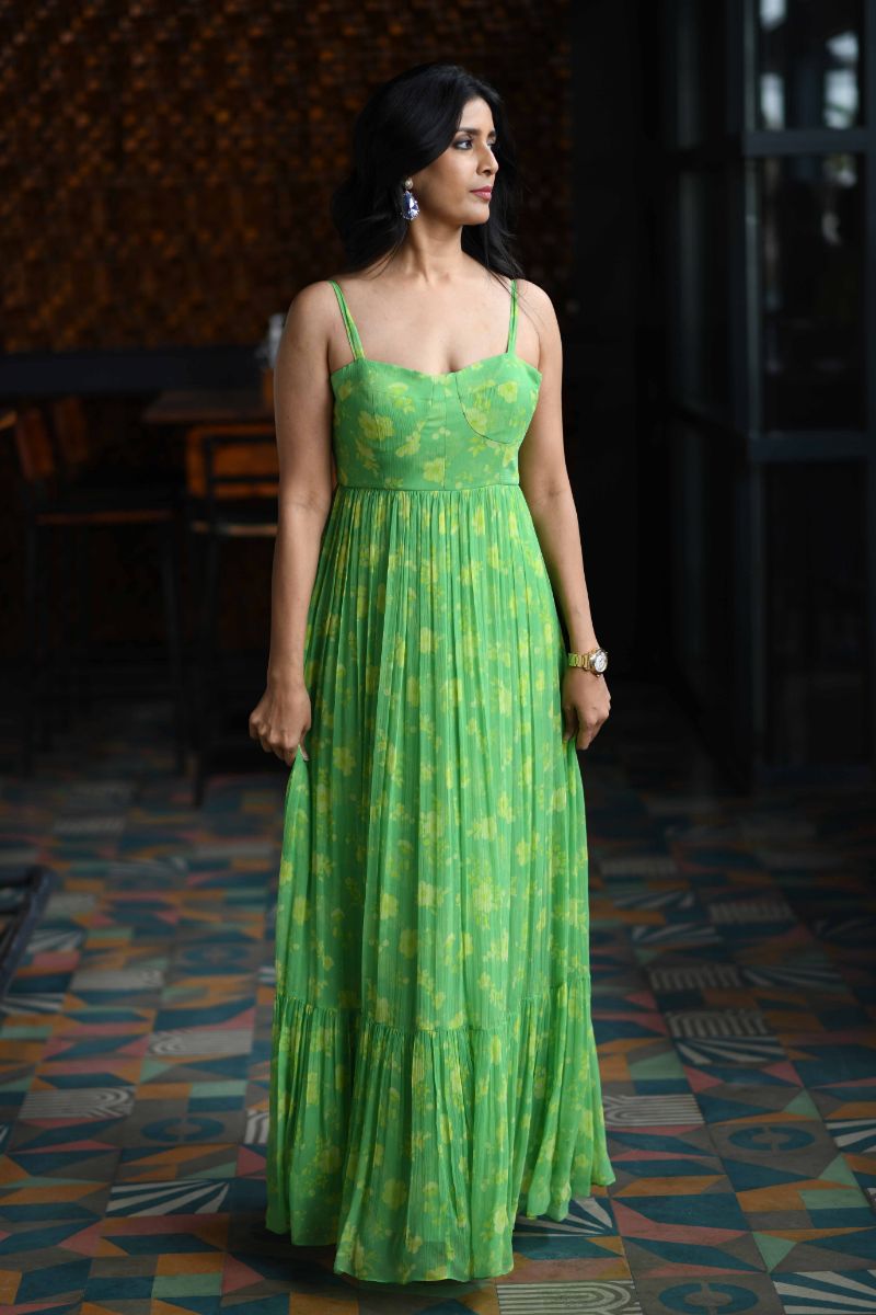 Chiffon Kia Corset Maxi Dress at Kamakhyaa by Ewoke. This item is Chiffon, corset dress, green corset dress, green maxi dress, maxi dress, Missing image, Nostalgia's Thread by Ewoke, printed dress, summer dress, sustainable fashion, Under $150