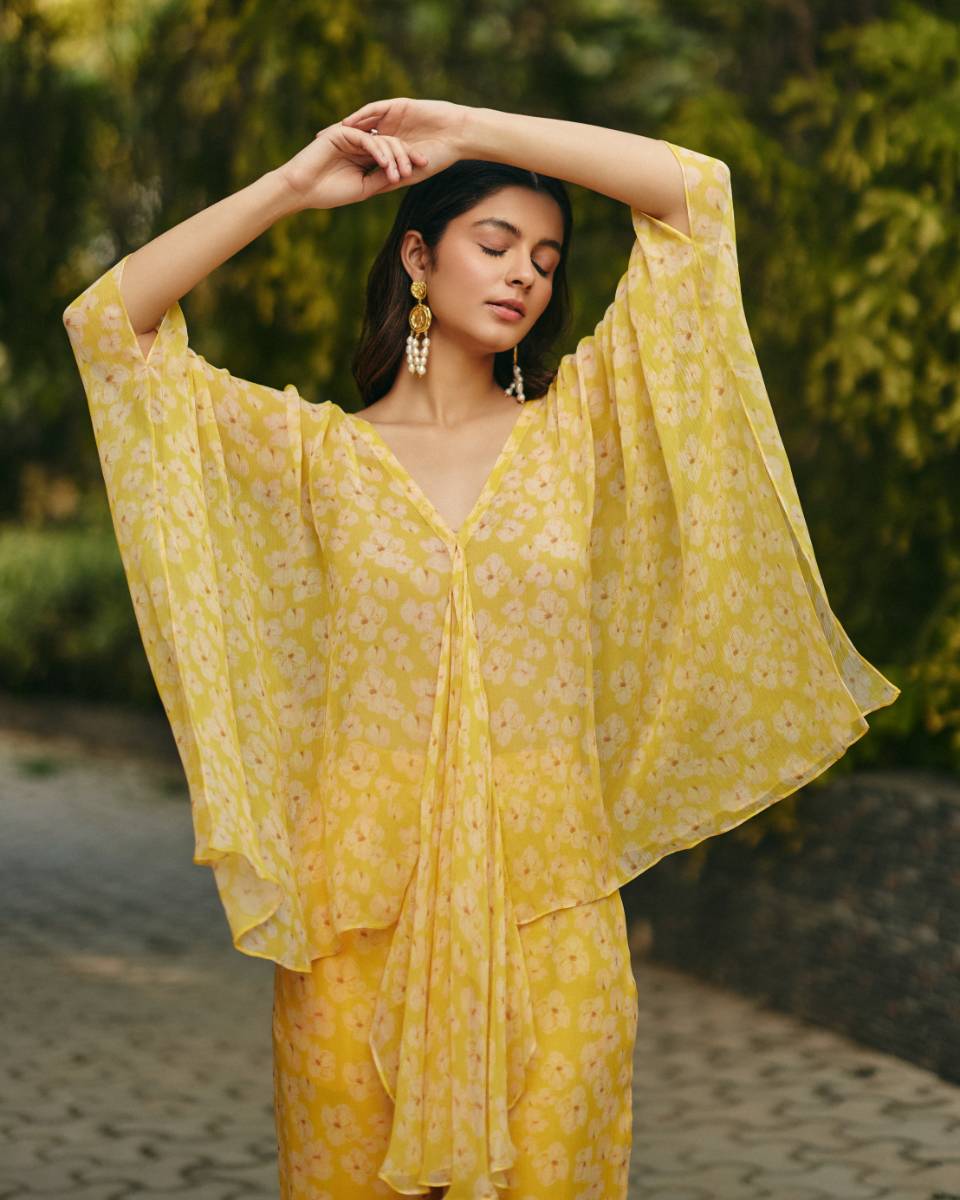 Chiffon Petal Haze Co-ord Set at Kamakhyaa by Ewoke. This item is Chiffon, Nostalgia's Thread by Ewoke, Under $200, yellow coord set, yellow set, yellow top and trouser