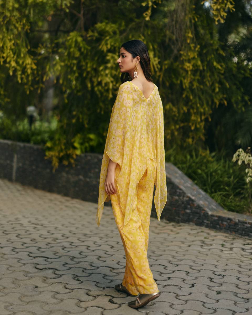 Chiffon Petal Haze Co-ord Set at Kamakhyaa by Ewoke. This item is Chiffon, Nostalgia's Thread by Ewoke, Under $200, yellow coord set, yellow set, yellow top and trouser