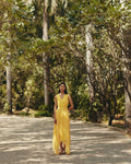 Chiffon Petal Haze Yellow Chiffon Dress at Kamakhyaa by Ewoke. This item is bemberg dress, bemberg fabric, Chiffon, drape dress, Holiday wear, maxi dress, Midi Dress, Nostalgia's Thread by Ewoke, Under $150