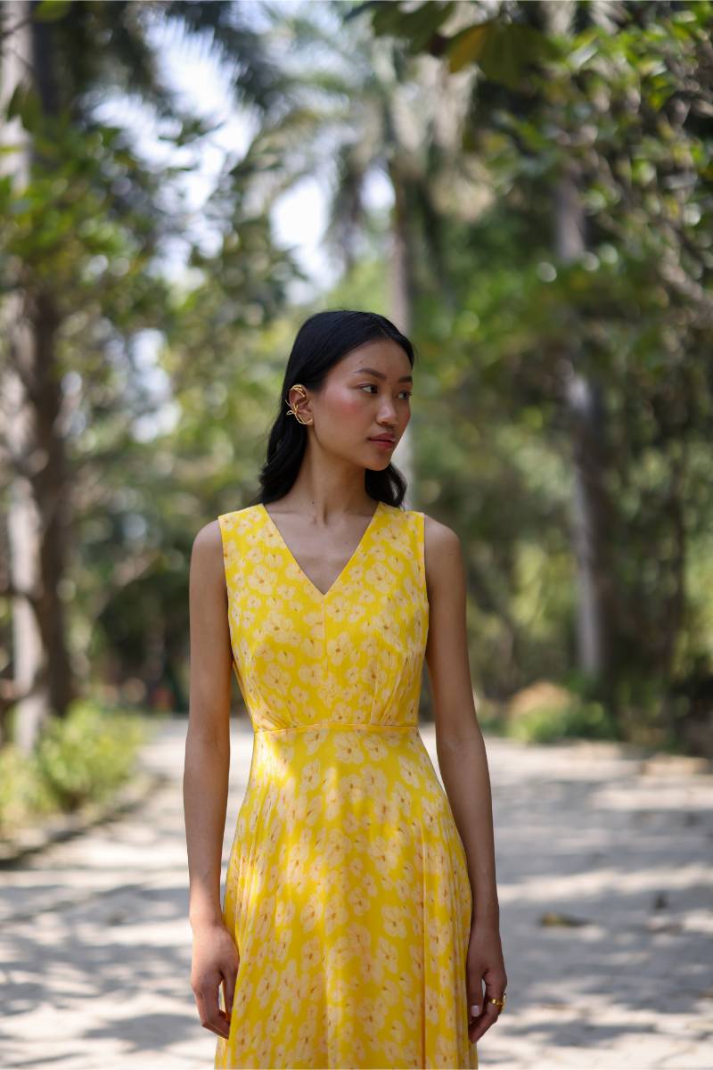 Chiffon Petal Haze Yellow Chiffon Dress at Kamakhyaa by Ewoke. This item is bemberg dress, bemberg fabric, Chiffon, drape dress, Holiday wear, maxi dress, Midi Dress, Nostalgia's Thread by Ewoke, Under $150