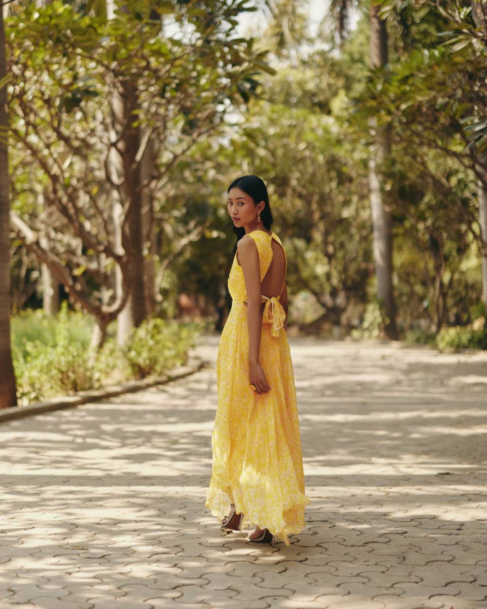 Chiffon Petal Haze Yellow Chiffon Dress at Kamakhyaa by Ewoke. This item is bemberg dress, bemberg fabric, Chiffon, drape dress, Holiday wear, maxi dress, Midi Dress, Nostalgia's Thread by Ewoke, Under $150