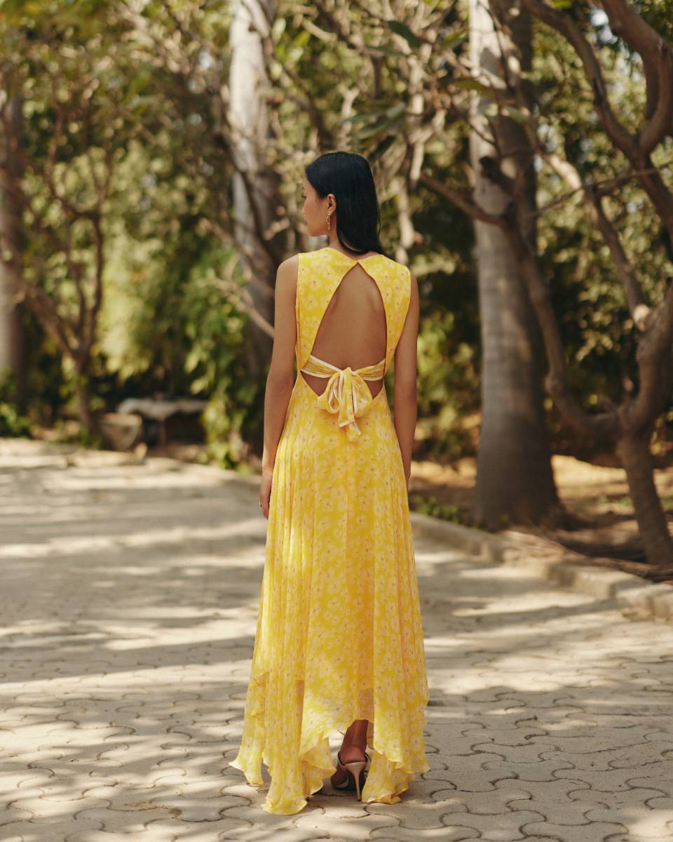 Chiffon Petal Haze Yellow Chiffon Dress at Kamakhyaa by Ewoke. This item is bemberg dress, bemberg fabric, Chiffon, drape dress, Holiday wear, maxi dress, Midi Dress, Nostalgia's Thread by Ewoke, Under $150
