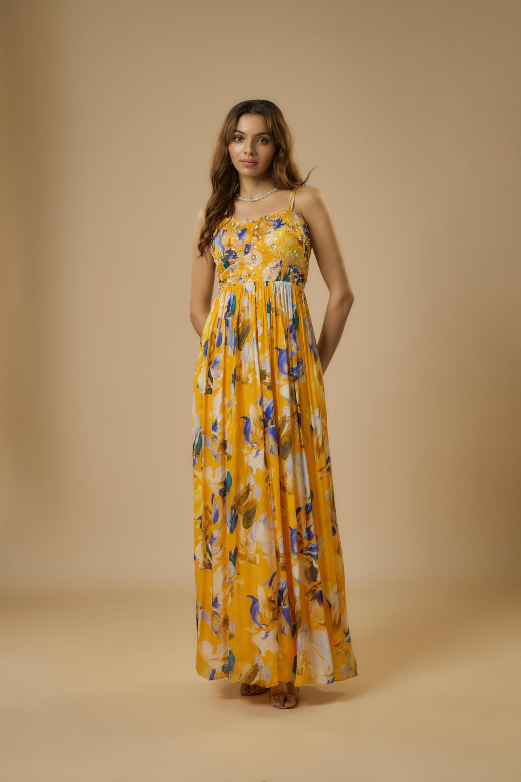 Chiffon Yellow Floral Embroidered Maxi Dress at Kamakhyaa by Ewoke. This item is Bemberg, bemberg dress, Chiffon, festive dress, FESTIVE DRESSES WOMEN, long dress, Nostalgia's Thread by Ewoke, party dress, Under $200, vacation coord set, vacation dress, Vacation-wear