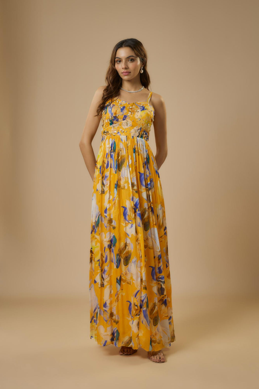 Chiffon Yellow Floral Embroidered Maxi Dress at Kamakhyaa by Ewoke. This item is Bemberg, bemberg dress, Chiffon, festive dress, FESTIVE DRESSES WOMEN, long dress, Nostalgia's Thread by Ewoke, party dress, Under $200, vacation coord set, vacation dress, Vacation-wear