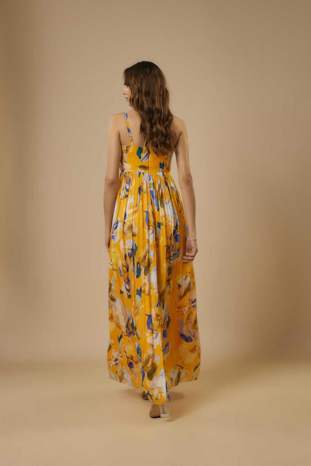 Chiffon Yellow Floral Embroidered Maxi Dress at Kamakhyaa by Ewoke. This item is Bemberg, bemberg dress, Chiffon, festive dress, FESTIVE DRESSES WOMEN, long dress, Nostalgia's Thread by Ewoke, party dress, Under $200, vacation coord set, vacation dress, Vacation-wear