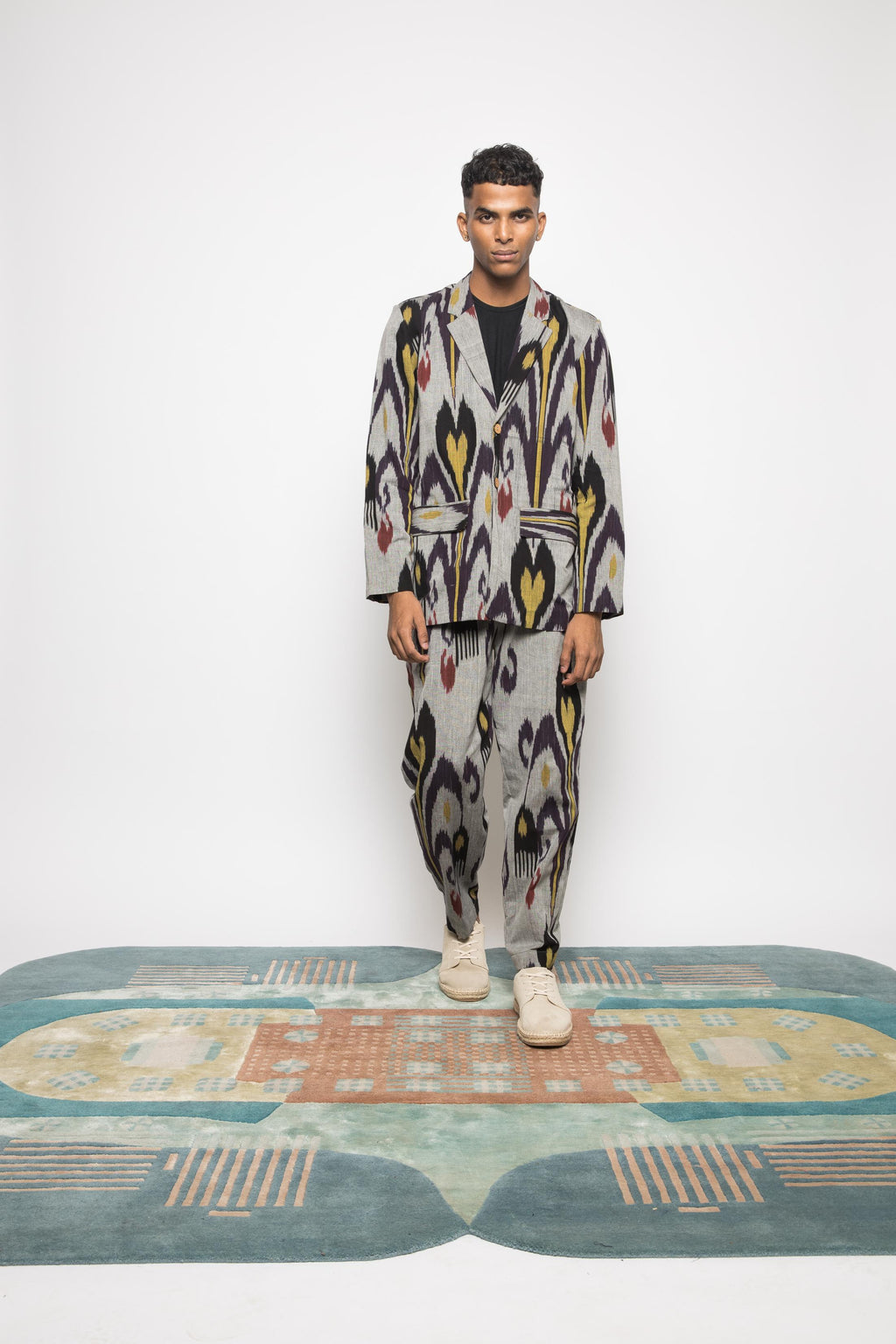 Classic Ikat Blazer at kamakhyaa.com by Anushé Pirani. This item is 100% Cotton, Beach Wear, Casual Wear, Console Collection List, Cotton, Evening Wear, Fresh Ink by Anushe Pirani, Grey, Handwoven cotton, Ikat Prints, Menswear, Regular Fit, Vacation Wear