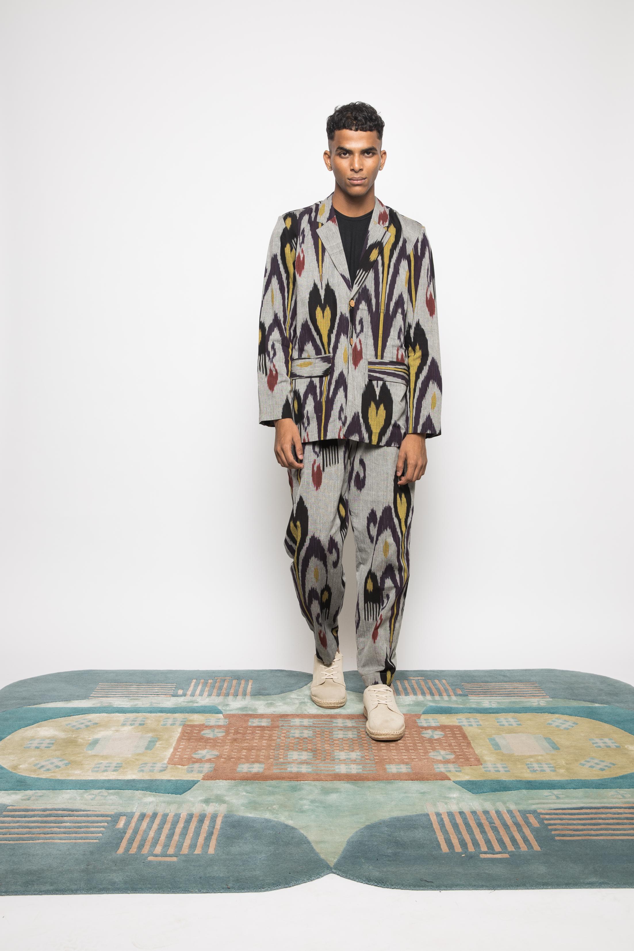 Classic Ikat Blazer at kamakhyaa.com by Anushé Pirani. This item is 100% Cotton, Beach Wear, Casual Wear, Console Collection List, Cotton, Evening Wear, Fresh Ink by Anushe Pirani, Grey, Handwoven cotton, Ikat Prints, Menswear, Regular Fit, Vacation Wear