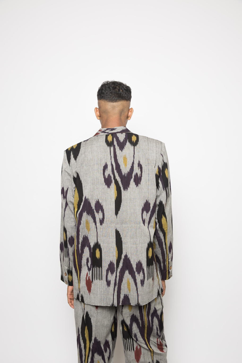 Classic Ikat Blazer at kamakhyaa.com by Anushé Pirani. This item is 100% Cotton, Beach Wear, Casual Wear, Console Collection List, Cotton, Evening Wear, Fresh Ink by Anushe Pirani, Grey, Handwoven cotton, Ikat Prints, Menswear, Regular Fit, Vacation Wear