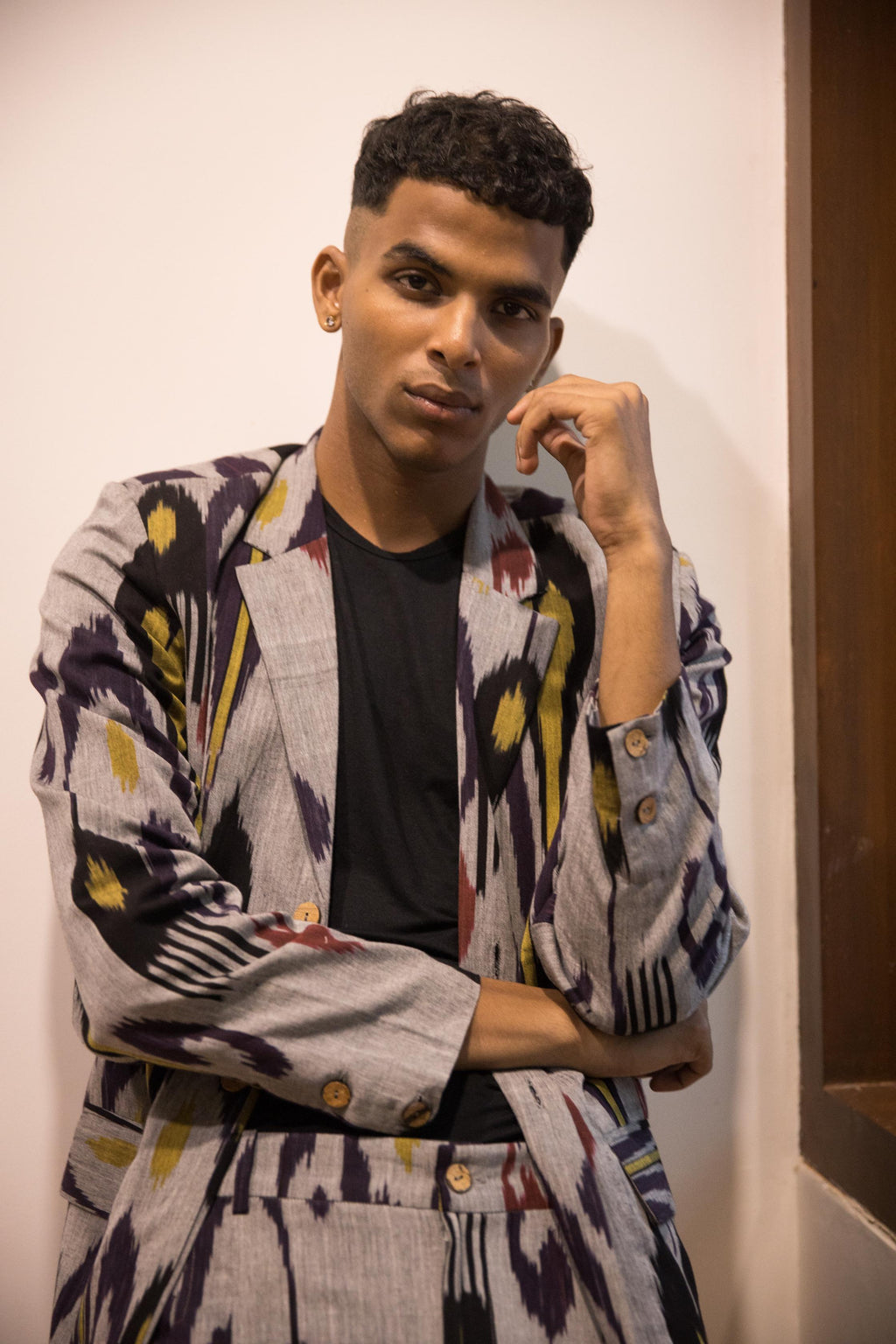 Classic Ikat Blazer at kamakhyaa.com by Anushé Pirani. This item is 100% Cotton, Beach Wear, Casual Wear, Console Collection List, Cotton, Evening Wear, Fresh Ink by Anushe Pirani, Grey, Handwoven cotton, Ikat Prints, Menswear, Regular Fit, Vacation Wear