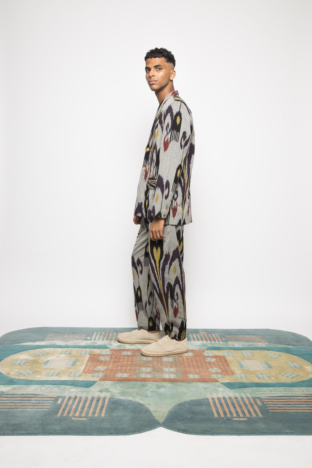Classic Ikat Blazer at kamakhyaa.com by Anushé Pirani. This item is 100% Cotton, Beach Wear, Casual Wear, Console Collection List, Cotton, Evening Wear, Fresh Ink by Anushe Pirani, Grey, Handwoven cotton, Ikat Prints, Menswear, Regular Fit, Vacation Wear