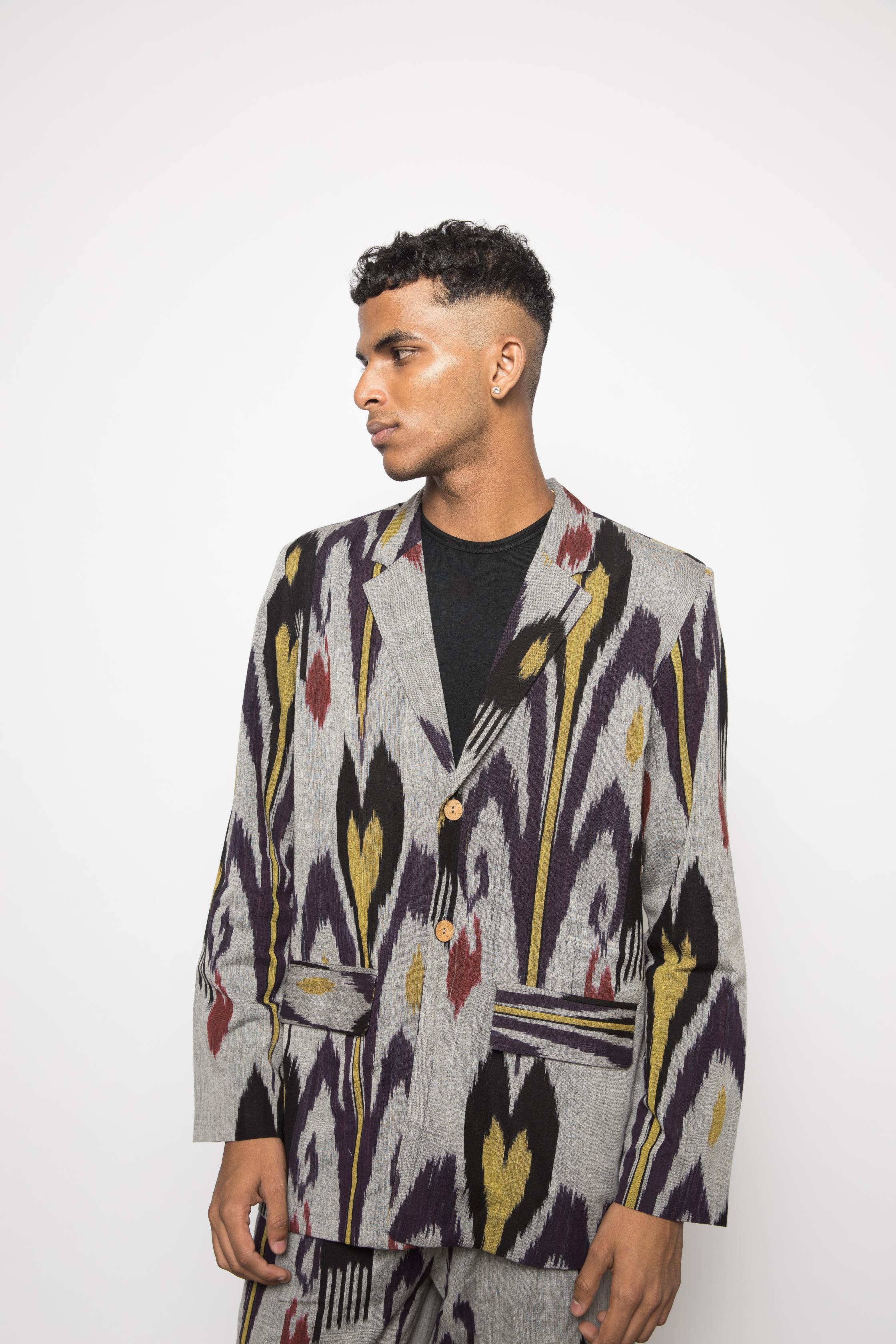 Classic Ikat Blazer at kamakhyaa.com by Anushé Pirani. This item is 100% Cotton, Beach Wear, Casual Wear, Console Collection List, Cotton, Evening Wear, Fresh Ink by Anushe Pirani, Grey, Handwoven cotton, Ikat Prints, Menswear, Regular Fit, Vacation Wear