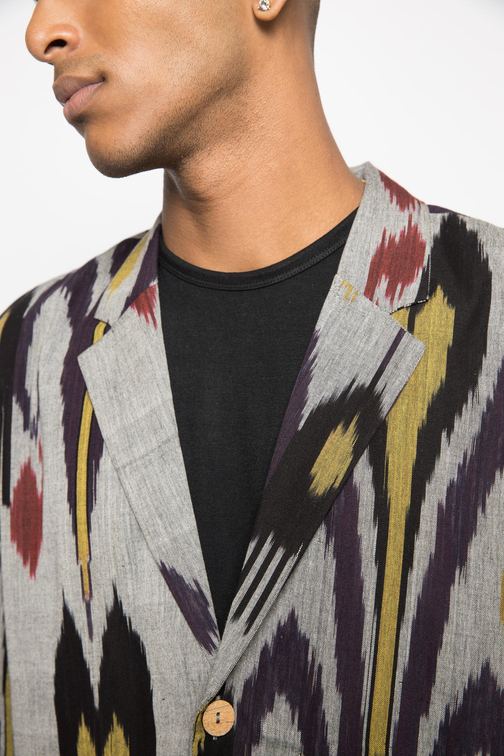 Classic Ikat Blazer at kamakhyaa.com by Anushé Pirani. This item is 100% Cotton, Beach Wear, Casual Wear, Console Collection List, Cotton, Evening Wear, Fresh Ink by Anushe Pirani, Grey, Handwoven cotton, Ikat Prints, Menswear, Regular Fit, Vacation Wear