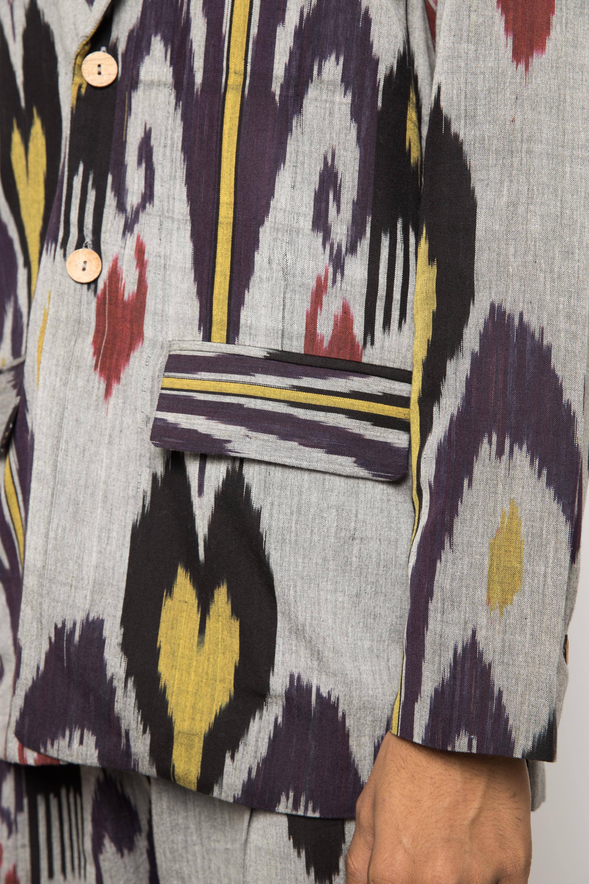 Classic Ikat Blazer at kamakhyaa.com by Anushé Pirani. This item is 100% Cotton, Beach Wear, Casual Wear, Console Collection List, Cotton, Evening Wear, Fresh Ink by Anushe Pirani, Grey, Handwoven cotton, Ikat Prints, Menswear, Regular Fit, Vacation Wear