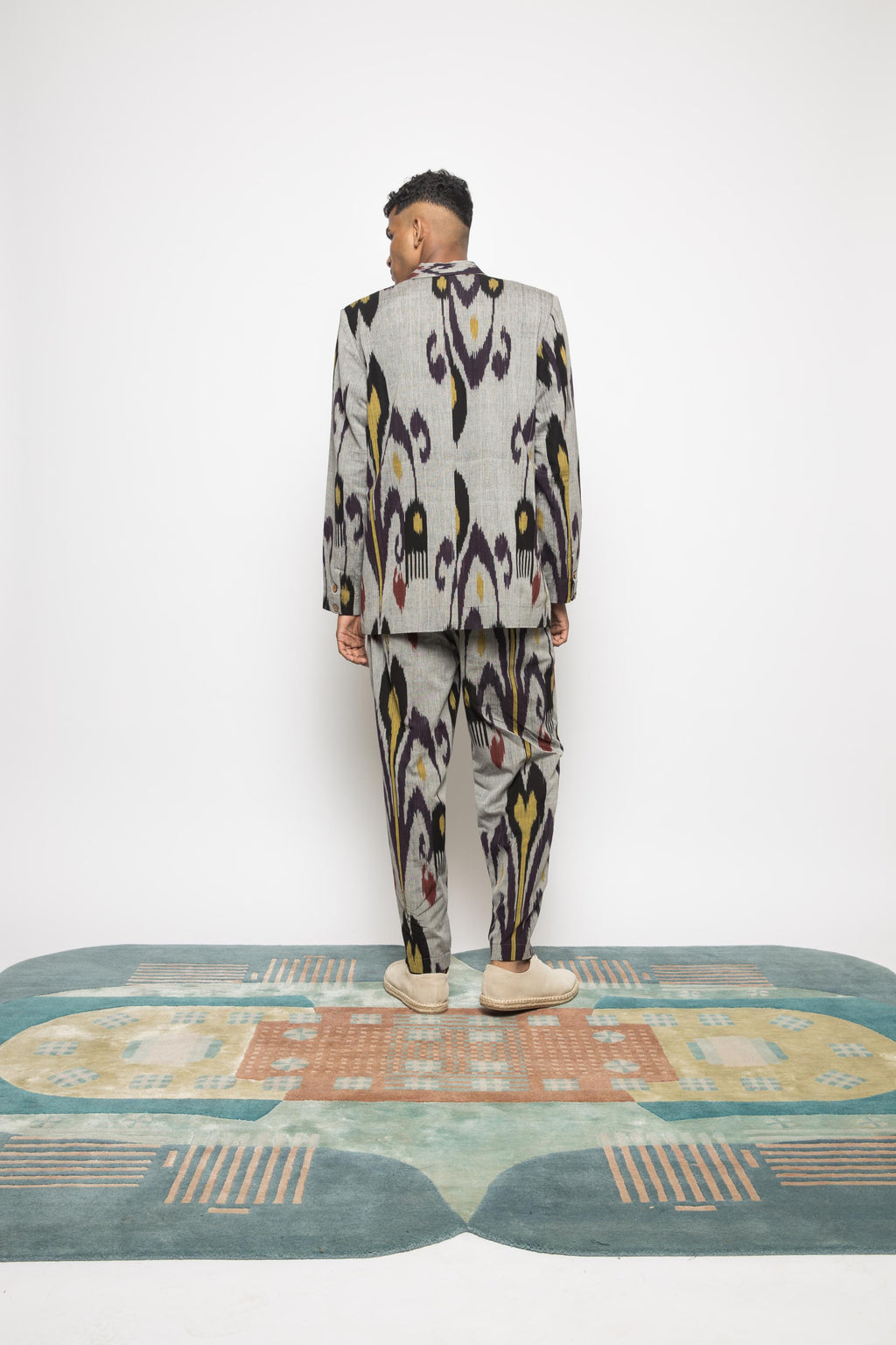 Classic Ikat Blazer at kamakhyaa.com by Anushé Pirani. This item is 100% Cotton, Beach Wear, Casual Wear, Console Collection List, Cotton, Evening Wear, Fresh Ink by Anushe Pirani, Grey, Handwoven cotton, Ikat Prints, Menswear, Regular Fit, Vacation Wear
