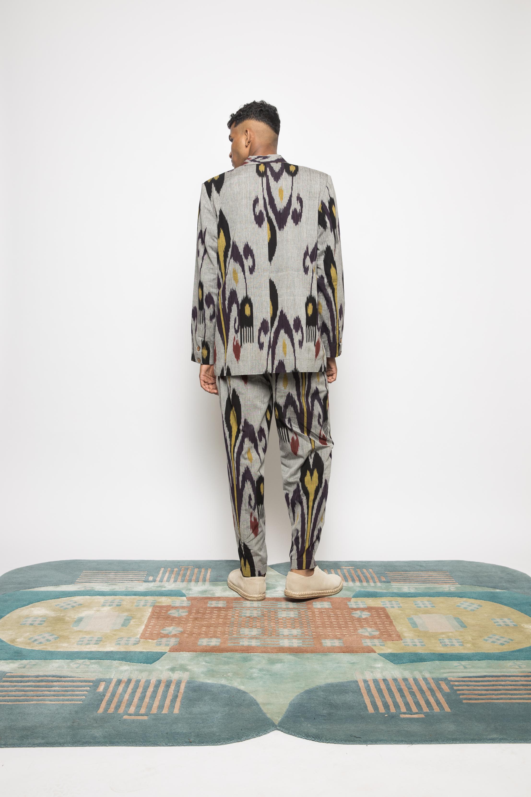 Classic Ikat Blazer at kamakhyaa.com by Anushé Pirani. This item is 100% Cotton, Beach Wear, Casual Wear, Console Collection List, Cotton, Evening Wear, Fresh Ink by Anushe Pirani, Grey, Handwoven cotton, Ikat Prints, Menswear, Regular Fit, Vacation Wear