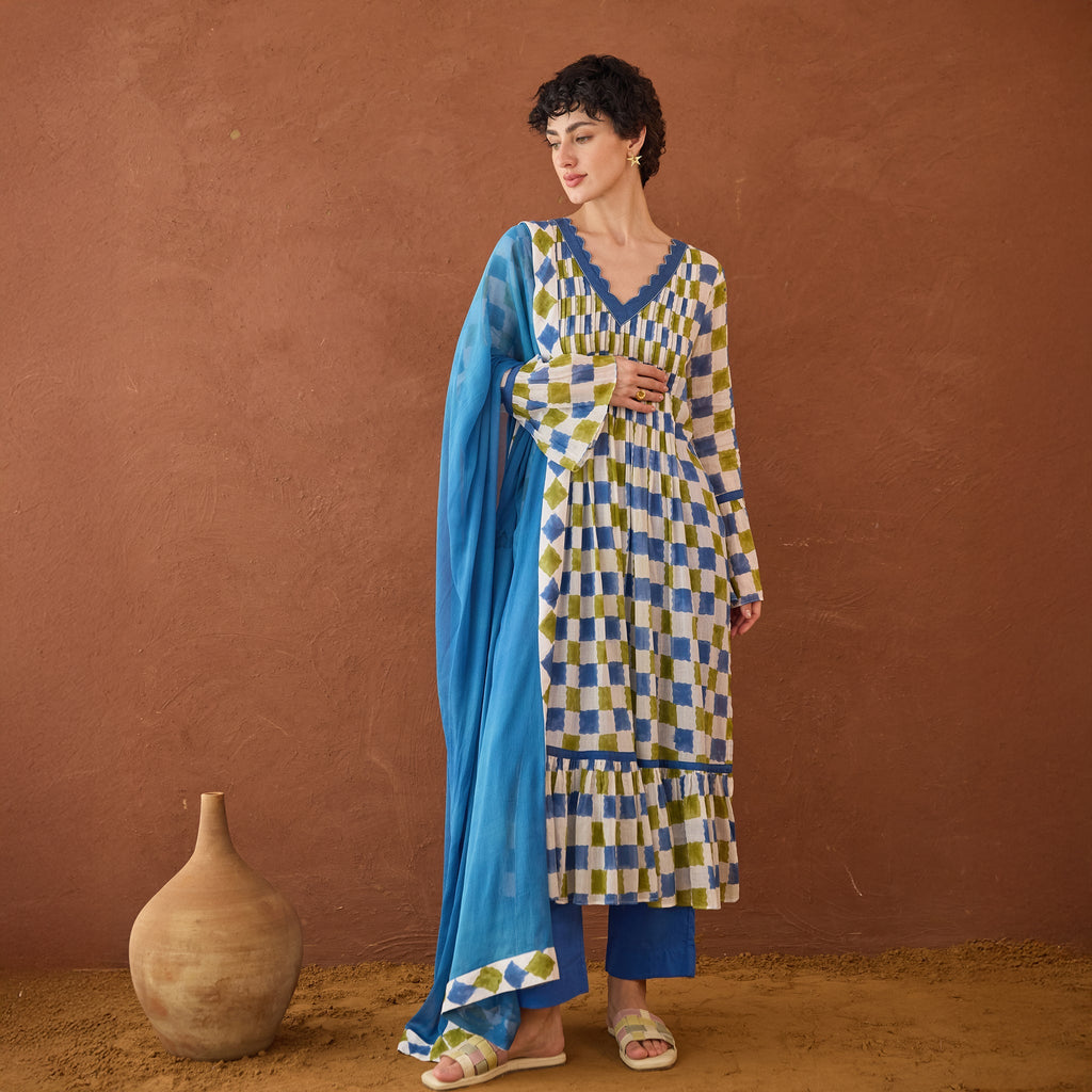 Cloudburst Plaid at Kamakhyaa by Taro. This item is Artisan made, Blue, Cotton Mulmul, Handblock Printed, Tiered Dresses, Whispers of Summer by Taro