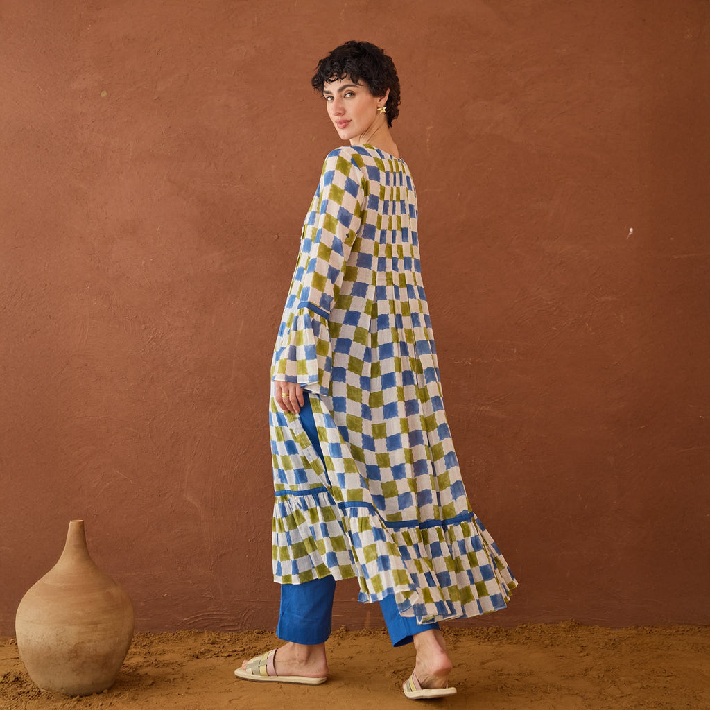 Cloudburst Plaid at Kamakhyaa by Taro. This item is Artisan made, Blue, Cotton Mulmul, Handblock Printed, Tiered Dresses, Whispers of Summer by Taro