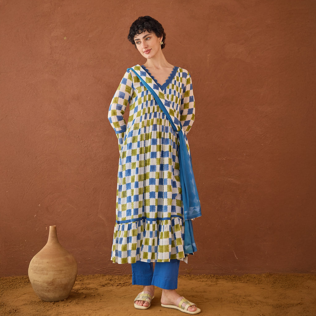 Cloudburst Plaid at Kamakhyaa by Taro. This item is Artisan made, Blue, Cotton Mulmul, Handblock Printed, Tiered Dresses, Whispers of Summer by Taro