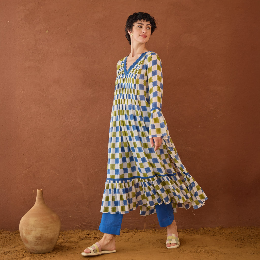 Cloudburst Plaid at Kamakhyaa by Taro. This item is Artisan made, Blue, Cotton Mulmul, Handblock Printed, Tiered Dresses, Whispers of Summer by Taro