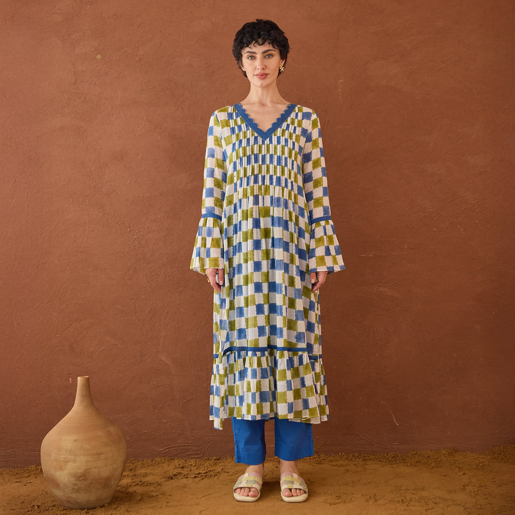 Cloudburst Plaid at Kamakhyaa by Taro. This item is Artisan made, Blue, Cotton Mulmul, Handblock Printed, Tiered Dresses, Whispers of Summer by Taro