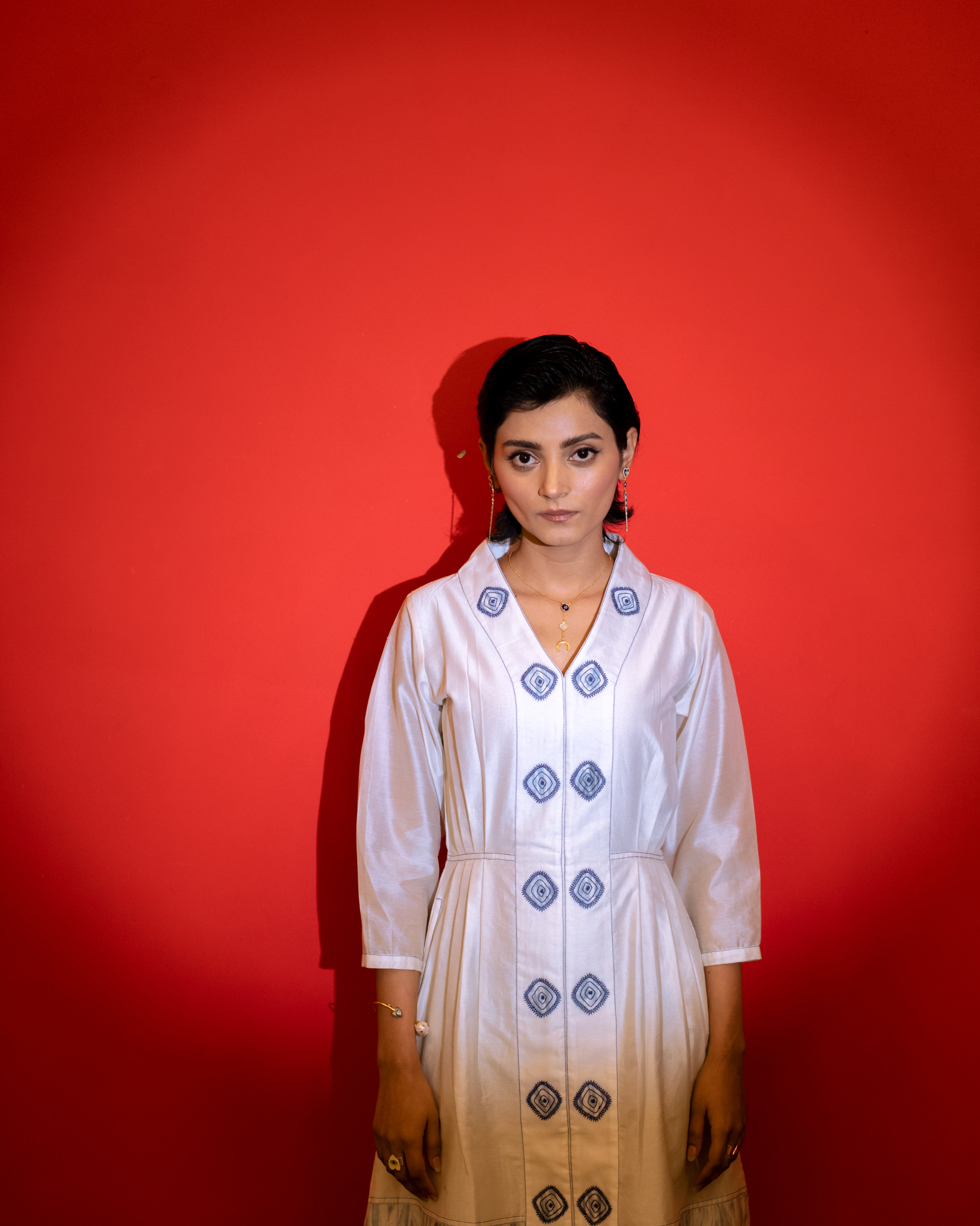 Cloudy Day at Kamakhyaa by The Loom Art. This item is Blue, Casual Wear, Embroidered, Fitted At Waist, Handwoven Chanderi Silk, July Sale, July Sale 2023, Lucid Dreams, Luicid Dream, Midi Dresses, Office, Office Wear, Organic, White, Womenswear