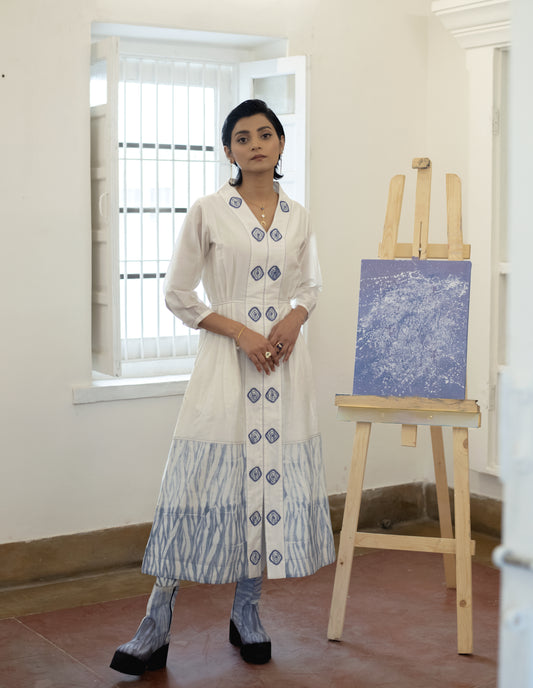 Cloudy Day at Kamakhyaa by The Loom Art. This item is Blue, Casual Wear, Embroidered, Fitted At Waist, Handwoven Chanderi Silk, July Sale, July Sale 2023, Lucid Dreams, Luicid Dream, Midi Dresses, Office, Office Wear, Organic, White, Womenswear