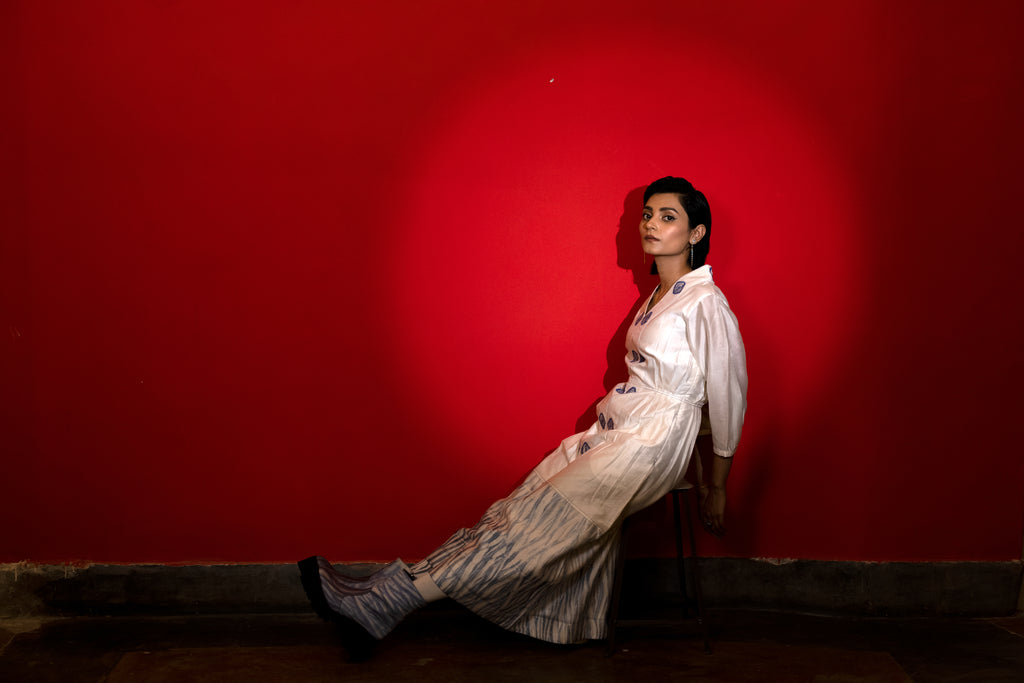 Cloudy Day at Kamakhyaa by The Loom Art. This item is Blue, Casual Wear, Embroidered, Fitted At Waist, Handwoven Chanderi Silk, July Sale, July Sale 2023, Lucid Dreams, Luicid Dream, Midi Dresses, Office, Office Wear, Organic, White, Womenswear