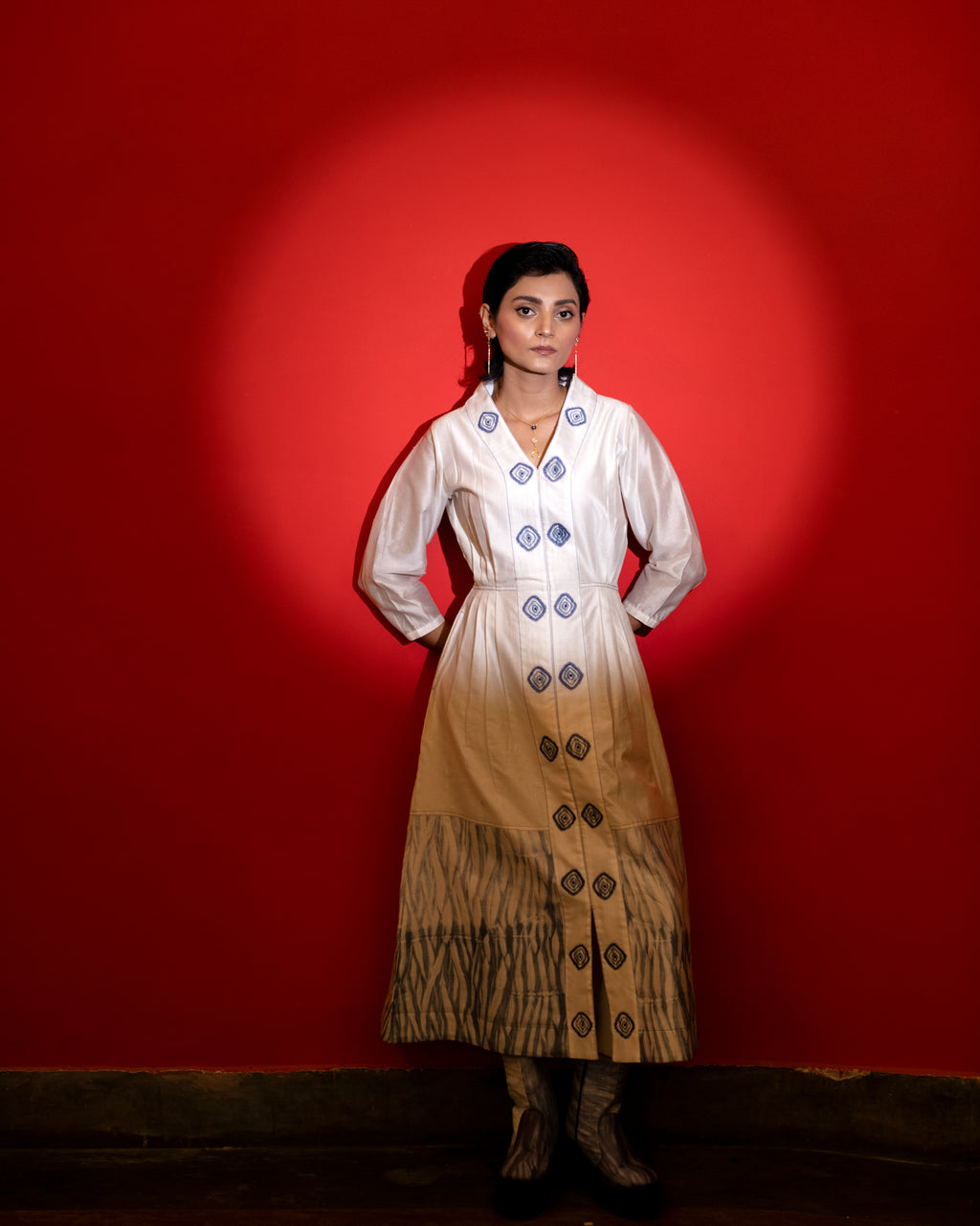 Cloudy Day at Kamakhyaa by The Loom Art. This item is Blue, Casual Wear, Embroidered, Fitted At Waist, Handwoven Chanderi Silk, July Sale, July Sale 2023, Lucid Dreams, Luicid Dream, Midi Dresses, Office, Office Wear, Organic, White, Womenswear