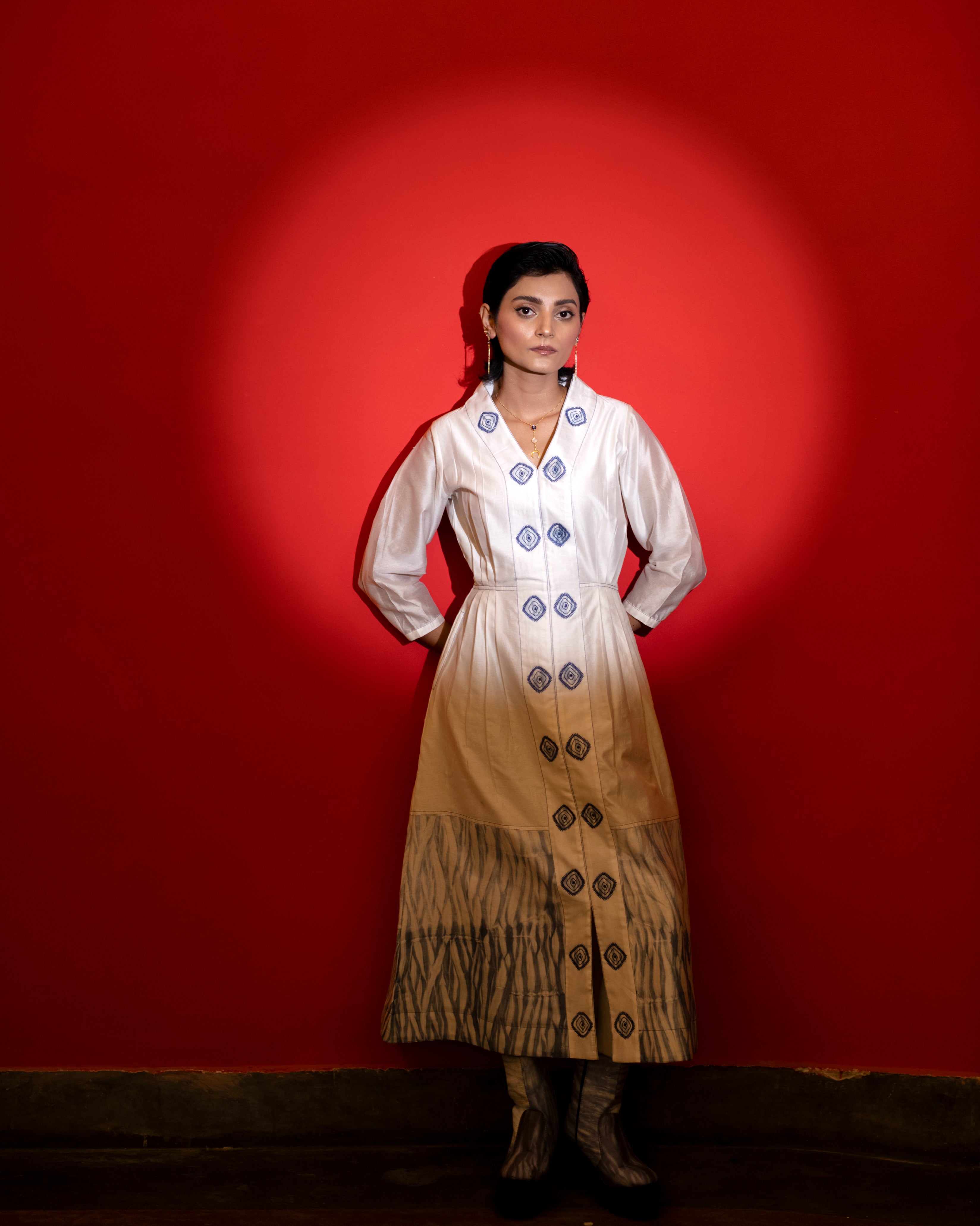 Cloudy Day at Kamakhyaa by The Loom Art. This item is Blue, Casual Wear, Embroidered, Fitted At Waist, Handwoven Chanderi Silk, July Sale, July Sale 2023, Lucid Dreams, Luicid Dream, Midi Dresses, Office, Office Wear, Organic, White, Womenswear