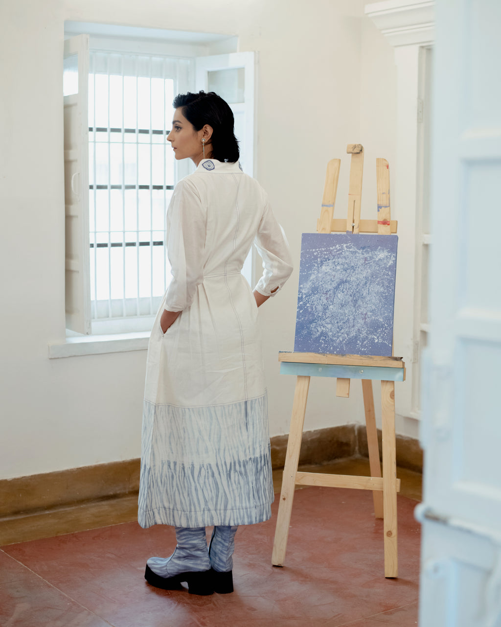 Cloudy Day at Kamakhyaa by The Loom Art. This item is Blue, Casual Wear, Embroidered, Fitted At Waist, Handwoven Chanderi Silk, July Sale, July Sale 2023, Lucid Dreams, Luicid Dream, Midi Dresses, Office, Office Wear, Organic, White, Womenswear