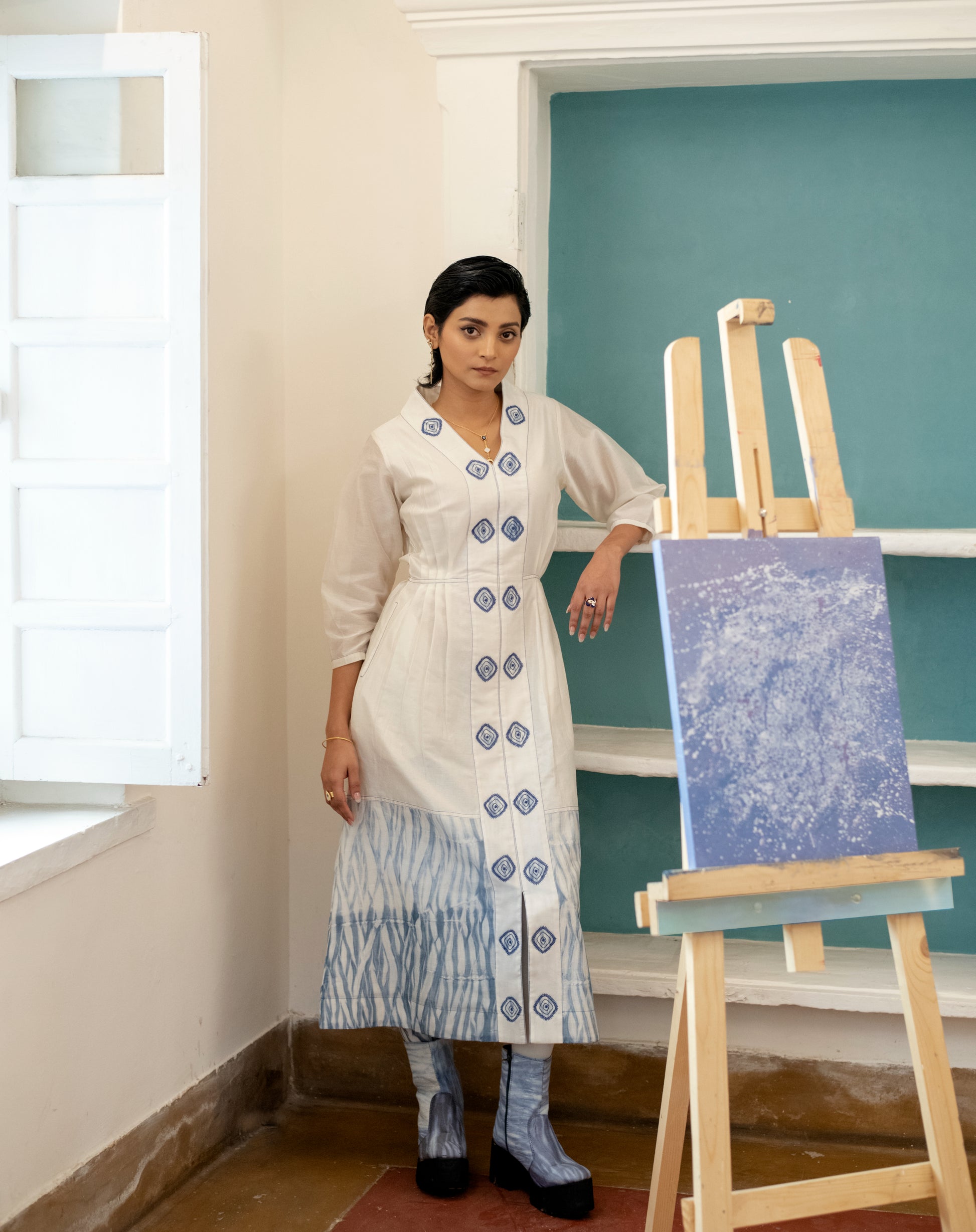 Cloudy Day at Kamakhyaa by The Loom Art. This item is Blue, Casual Wear, Embroidered, Fitted At Waist, Handwoven Chanderi Silk, July Sale, July Sale 2023, Lucid Dreams, Luicid Dream, Midi Dresses, Office, Office Wear, Organic, White, Womenswear