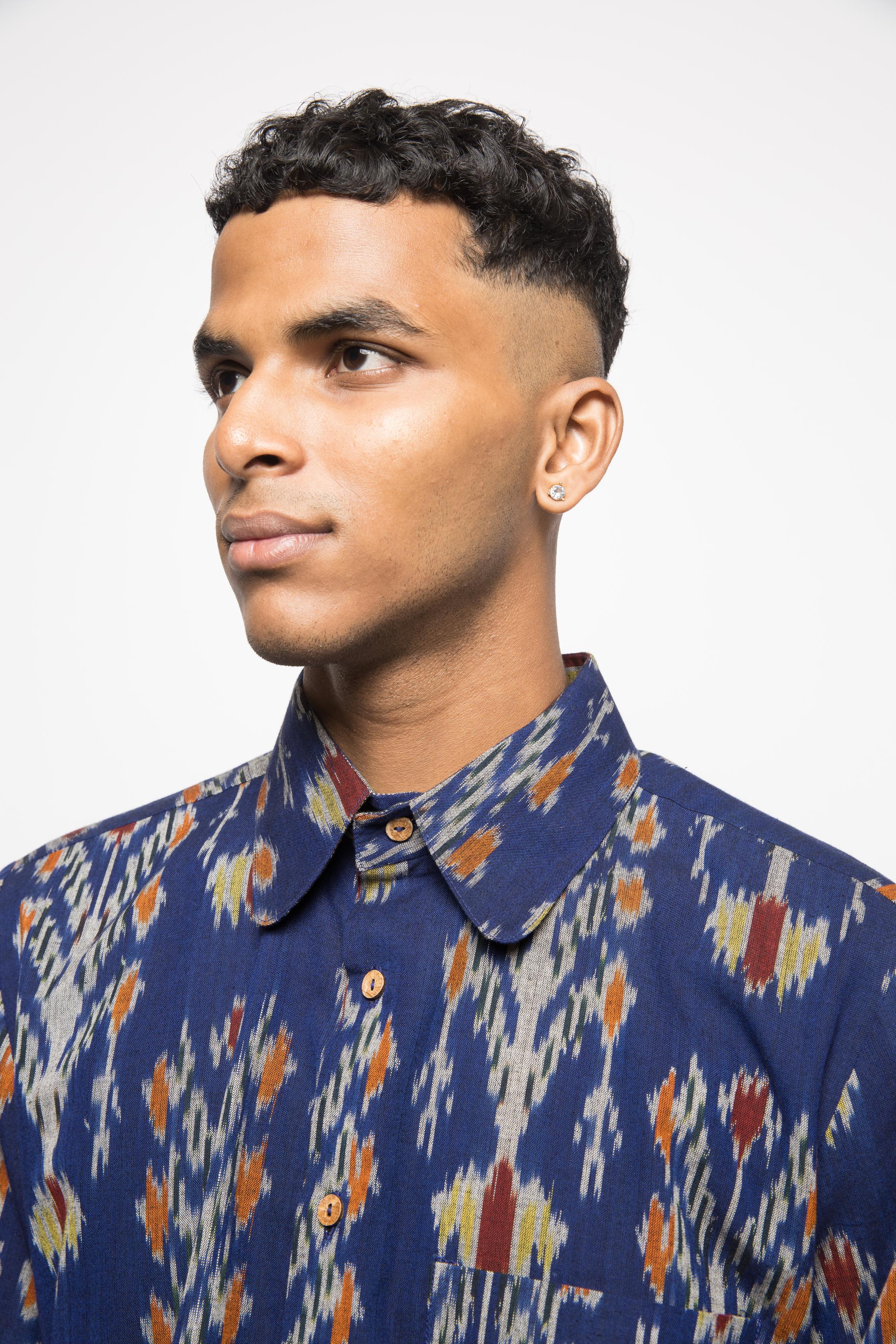 Club Collar Shirt at kamakhyaa.com by Anushé Pirani. This item is 100% Cotton, Beach Wear, Blue, Brunch Wear, Casual Wear, Console Collection List, Cotton, Fresh Ink by Anushe Pirani, Handwoven cotton, Ikat Prints, Menswear, Regular Fit, Resort Wear, Royal Blue, Vacation Wear