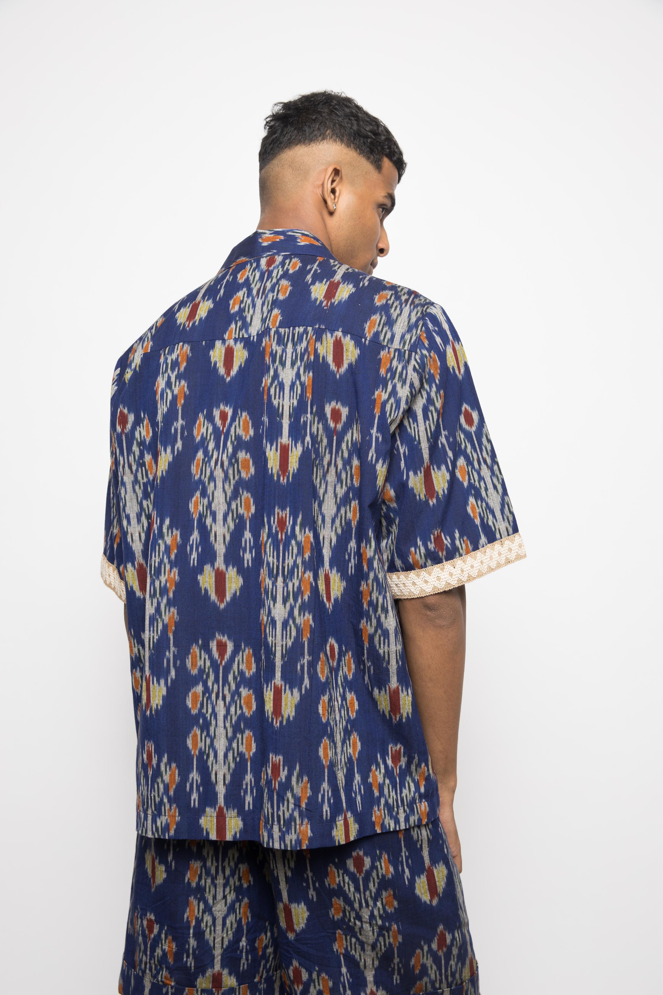 Club Collar Shirt at kamakhyaa.com by Anushé Pirani. This item is 100% Cotton, Beach Wear, Blue, Brunch Wear, Casual Wear, Console Collection List, Cotton, Fresh Ink by Anushe Pirani, Handwoven cotton, Ikat Prints, Menswear, Regular Fit, Resort Wear, Royal Blue, Vacation Wear