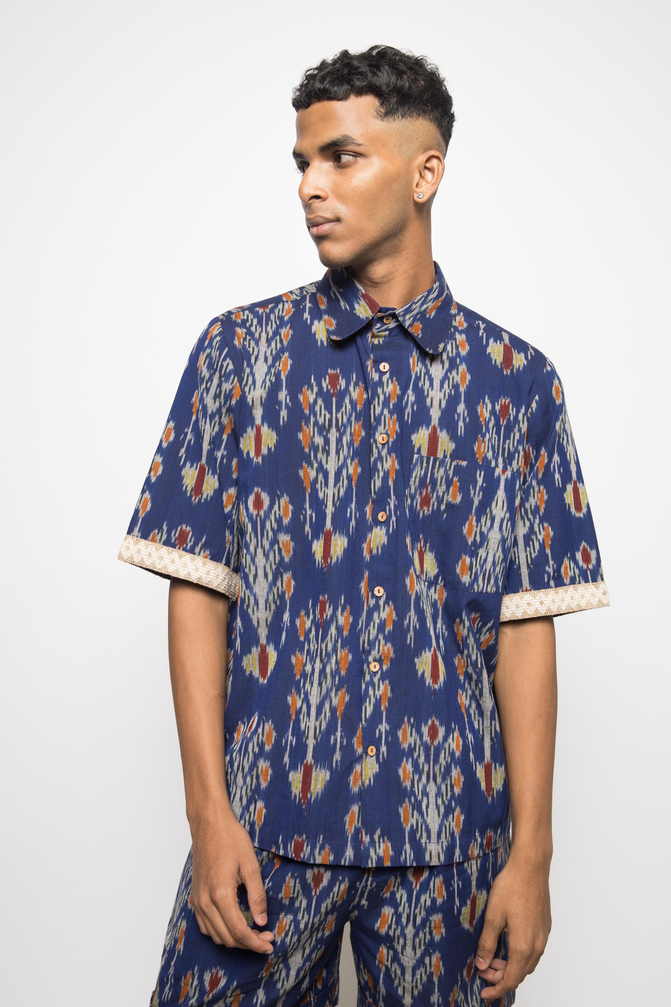 Club Collar Shirt at kamakhyaa.com by Anushé Pirani. This item is 100% Cotton, Beach Wear, Blue, Brunch Wear, Casual Wear, Console Collection List, Cotton, Fresh Ink by Anushe Pirani, Handwoven cotton, Ikat Prints, Menswear, Regular Fit, Resort Wear, Royal Blue, Vacation Wear