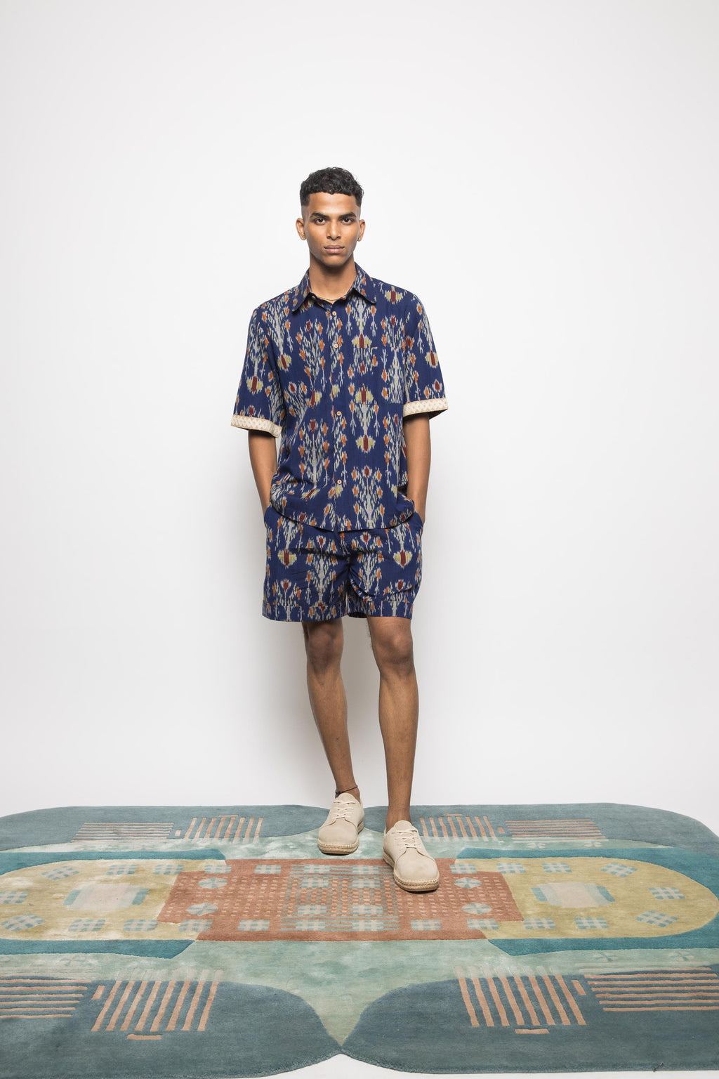 Club Collar Shirt at kamakhyaa.com by Anushé Pirani. This item is 100% Cotton, Beach Wear, Blue, Brunch Wear, Casual Wear, Console Collection List, Cotton, Fresh Ink by Anushe Pirani, Handwoven cotton, Ikat Prints, Menswear, Regular Fit, Resort Wear, Royal Blue, Vacation Wear