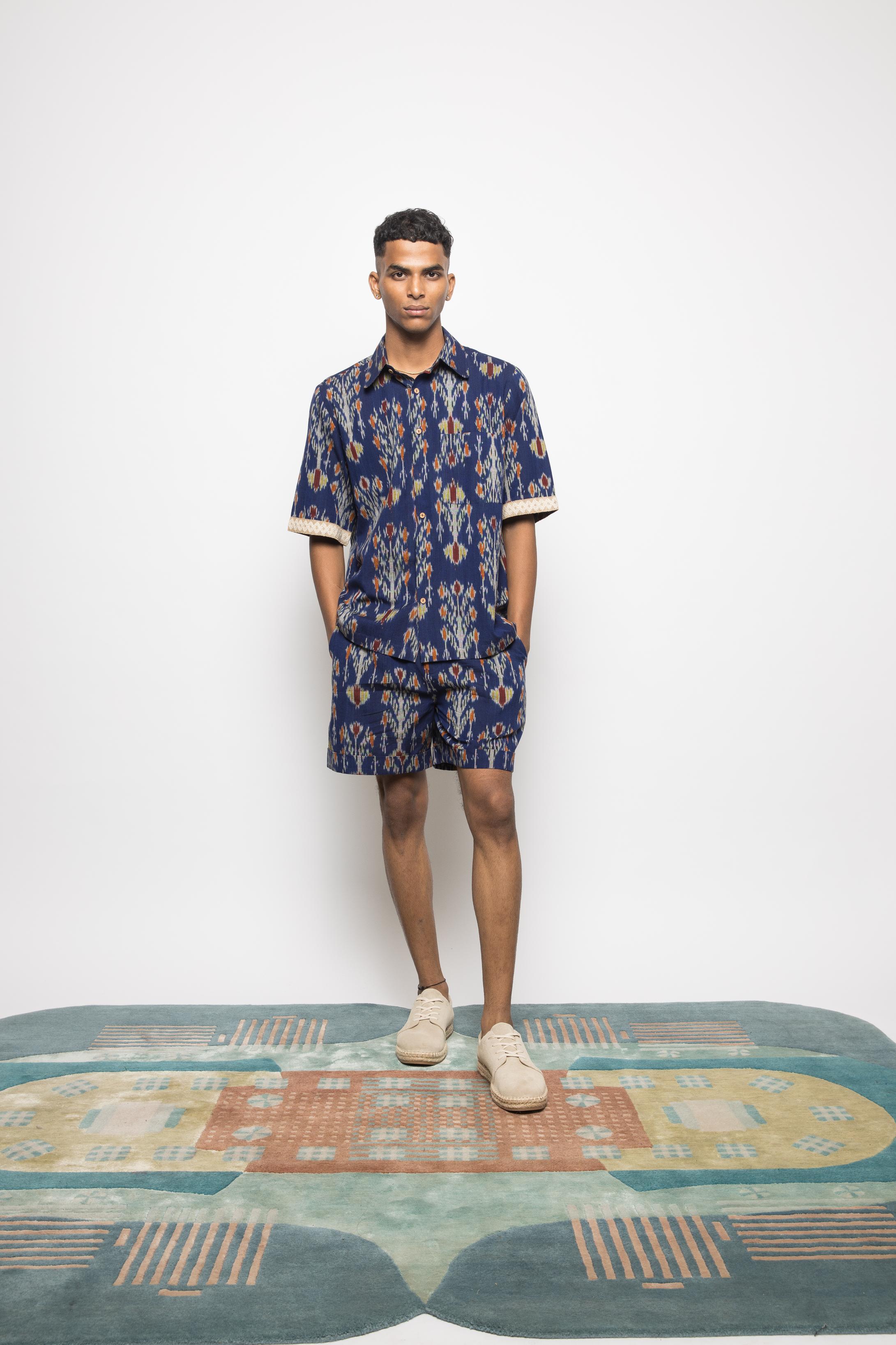 Club Collar Shirt at kamakhyaa.com by Anushé Pirani. This item is 100% Cotton, Beach Wear, Blue, Brunch Wear, Casual Wear, Console Collection List, Cotton, Fresh Ink by Anushe Pirani, Handwoven cotton, Ikat Prints, Menswear, Regular Fit, Resort Wear, Royal Blue, Vacation Wear