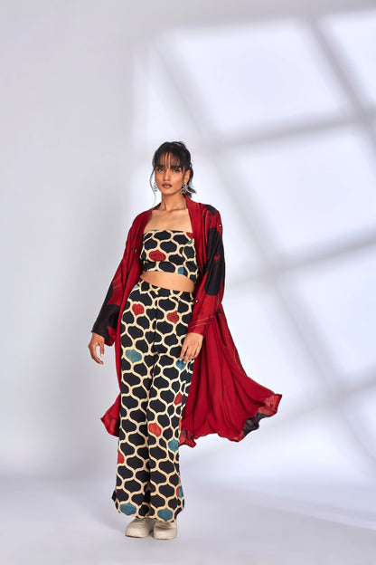 Co-Ord Set With Printed Red Jacket at Kamakhyaa by Hasttvam. This item is Black, Floral, Fusion Wear, Handmade by Artisans, Modal silk, Natural dyes, Relaxed Fit, Respondible production and Vegan