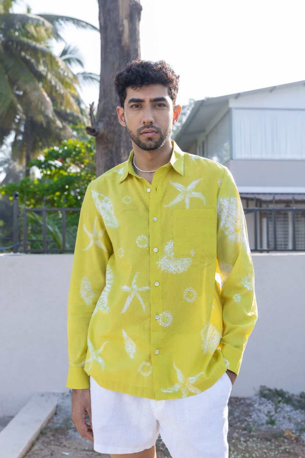 Coastal Cove Shirt at Kamakhyaa by anushé pirani. This item is Cotton, Lime, Men Shirts, Menswear, Moana, Recycled Cotton, Resort Wear, Shibori Dyes, Under $150