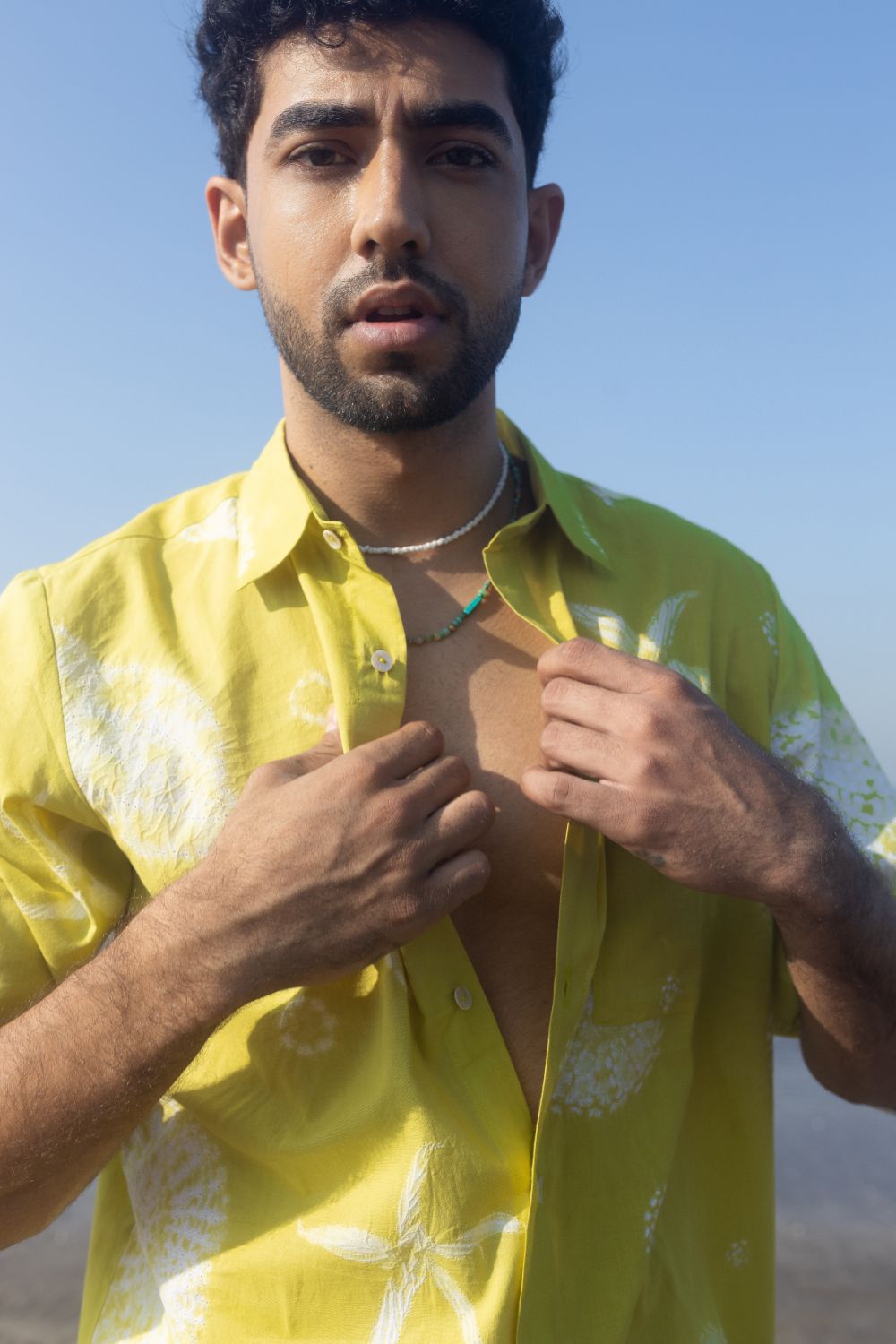 Coastal Cove Shirt at Kamakhyaa by anushé pirani. This item is Cotton, Lime, Men Shirts, Menswear, Moana, Recycled Cotton, Resort Wear, Shibori Dyes, Under $150