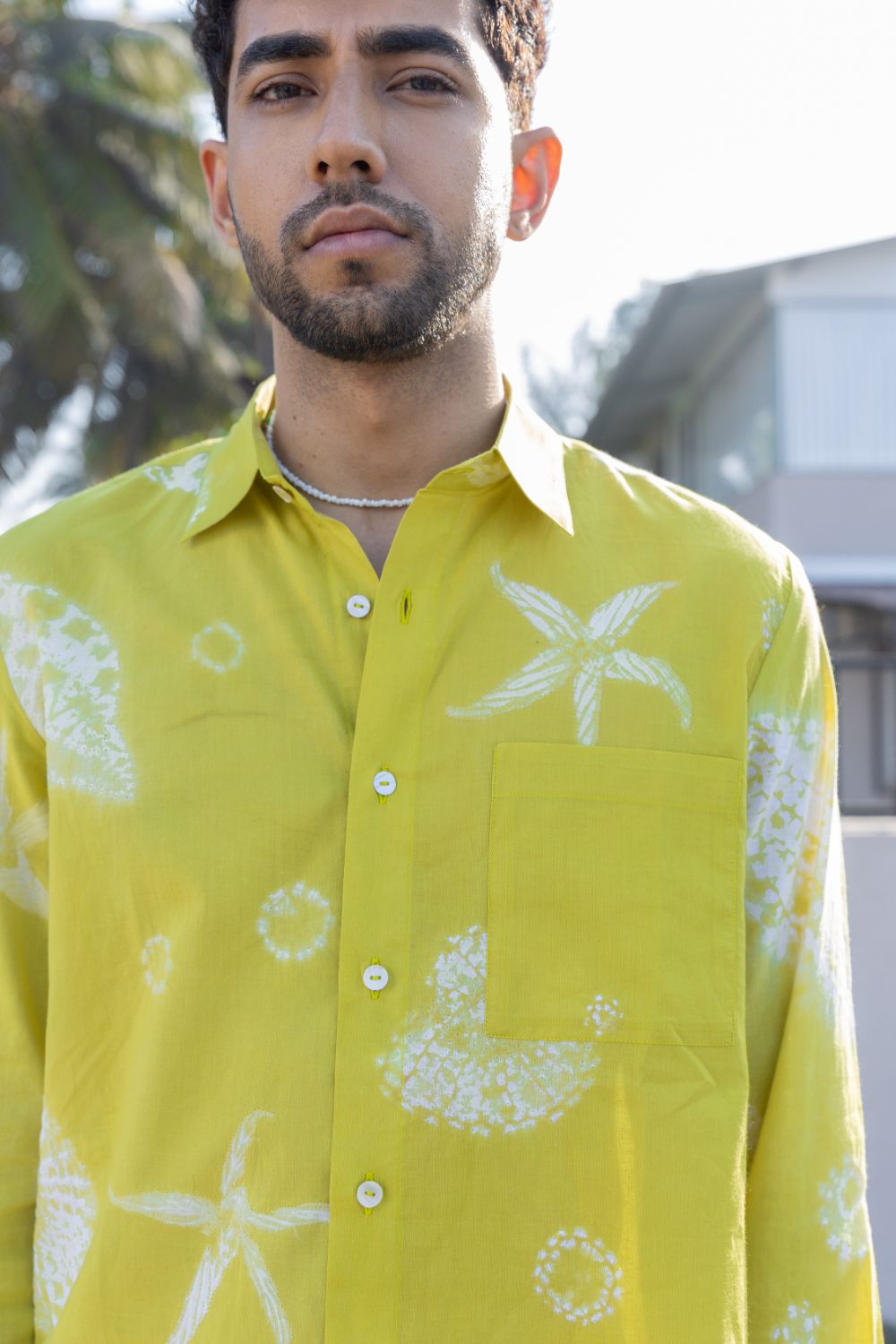 Coastal Cove Shirt at Kamakhyaa by anushé pirani. This item is Cotton, Lime, Men Shirts, Menswear, Moana, Recycled Cotton, Resort Wear, Shibori Dyes, Under $150