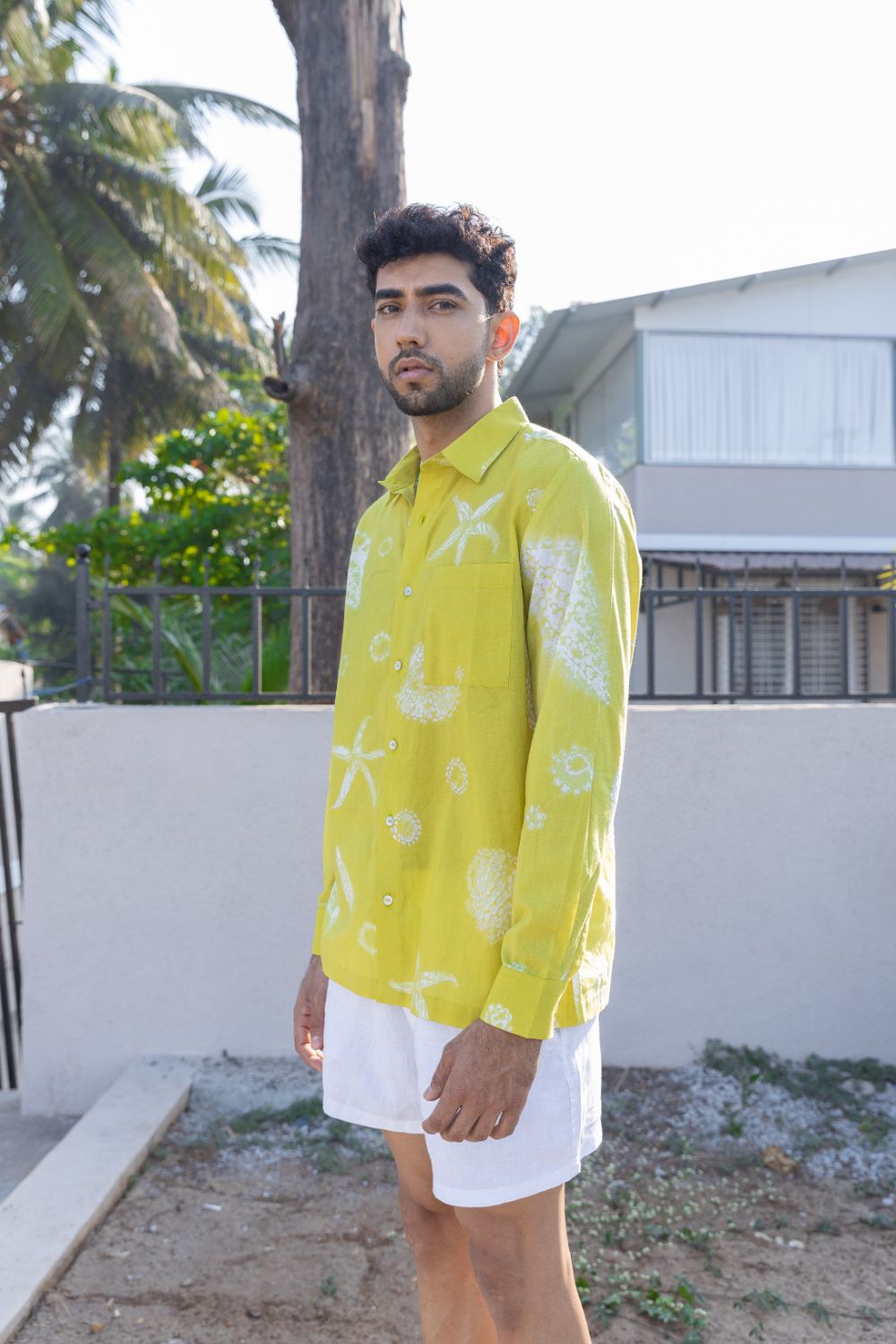 Coastal Cove Shirt at Kamakhyaa by anushé pirani. This item is Cotton, Lime, Men Shirts, Menswear, Moana, Recycled Cotton, Resort Wear, Shibori Dyes, Under $150