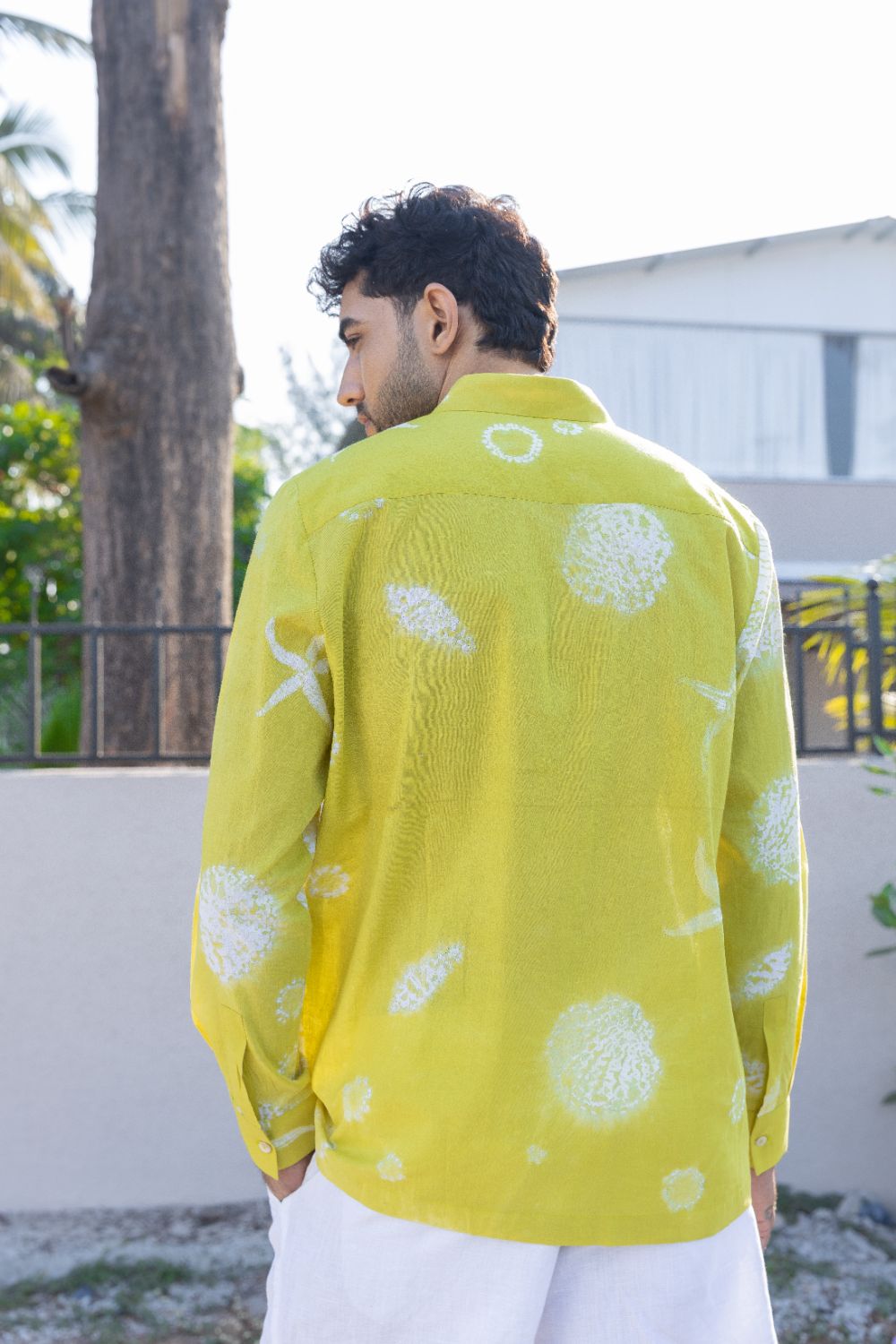 Coastal Cove Shirt at Kamakhyaa by anushé pirani. This item is Cotton, Lime, Men Shirts, Menswear, Moana, Recycled Cotton, Resort Wear, Shibori Dyes, Under $150