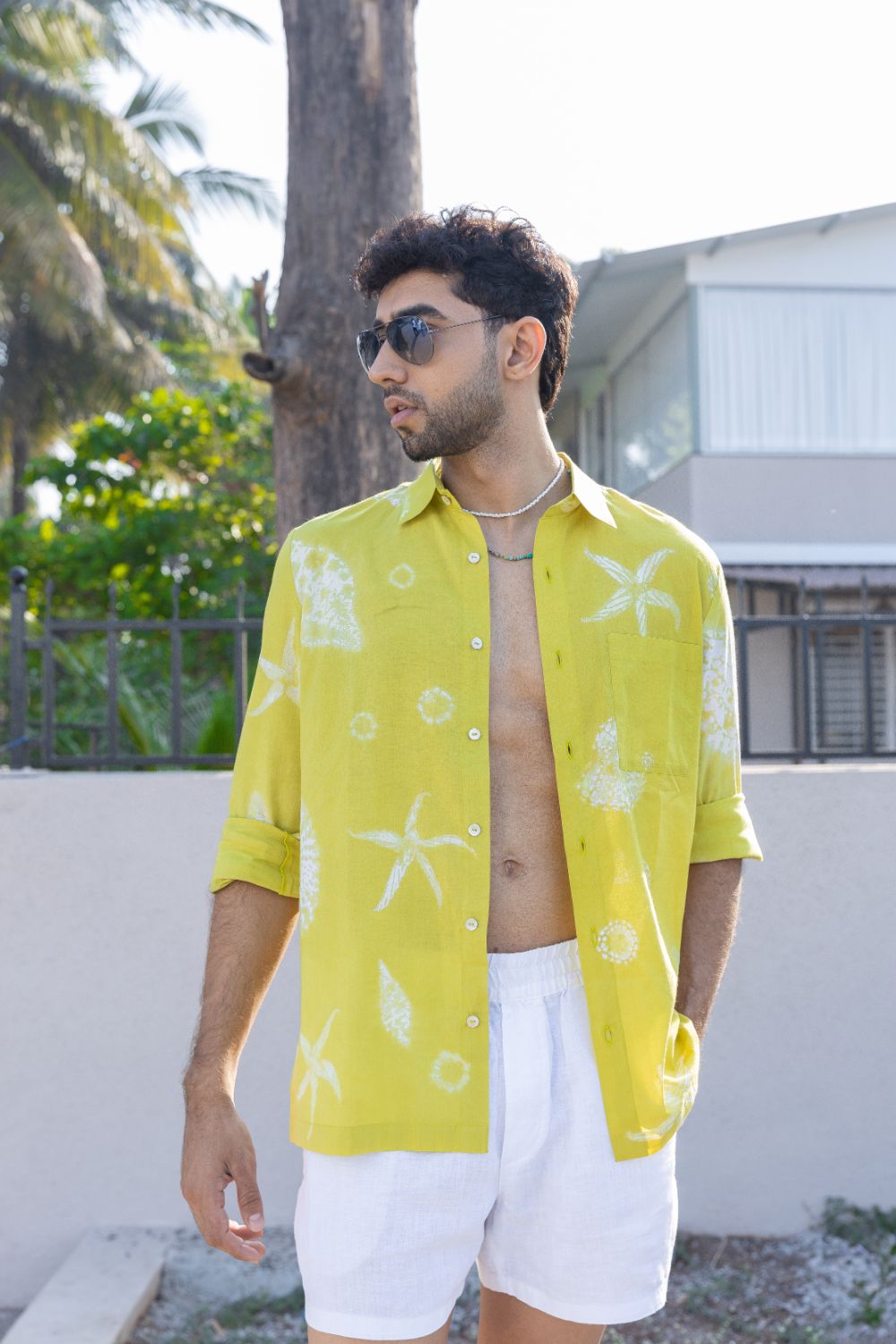 Coastal Cove Shirt at Kamakhyaa by anushé pirani. This item is Cotton, Lime, Men Shirts, Menswear, Moana, Recycled Cotton, Resort Wear, Shibori Dyes, Under $150