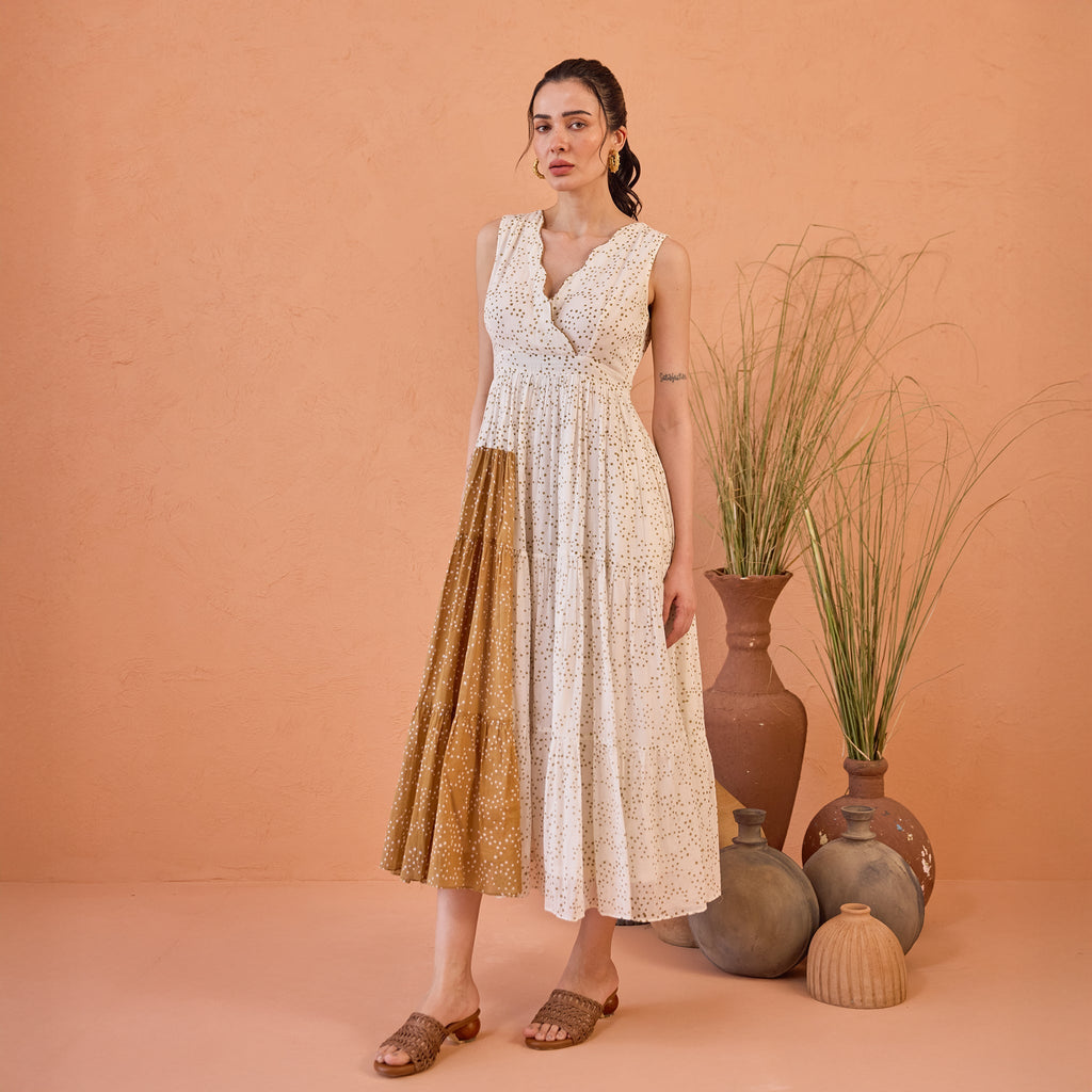 Coconut Dust at Kamakhyaa by Taro. This item is Artisan made, Cotton Mulmul, Handblock Printed, Sleeveless Dresses, Under $50, Whispers of Summer by Taro, White
