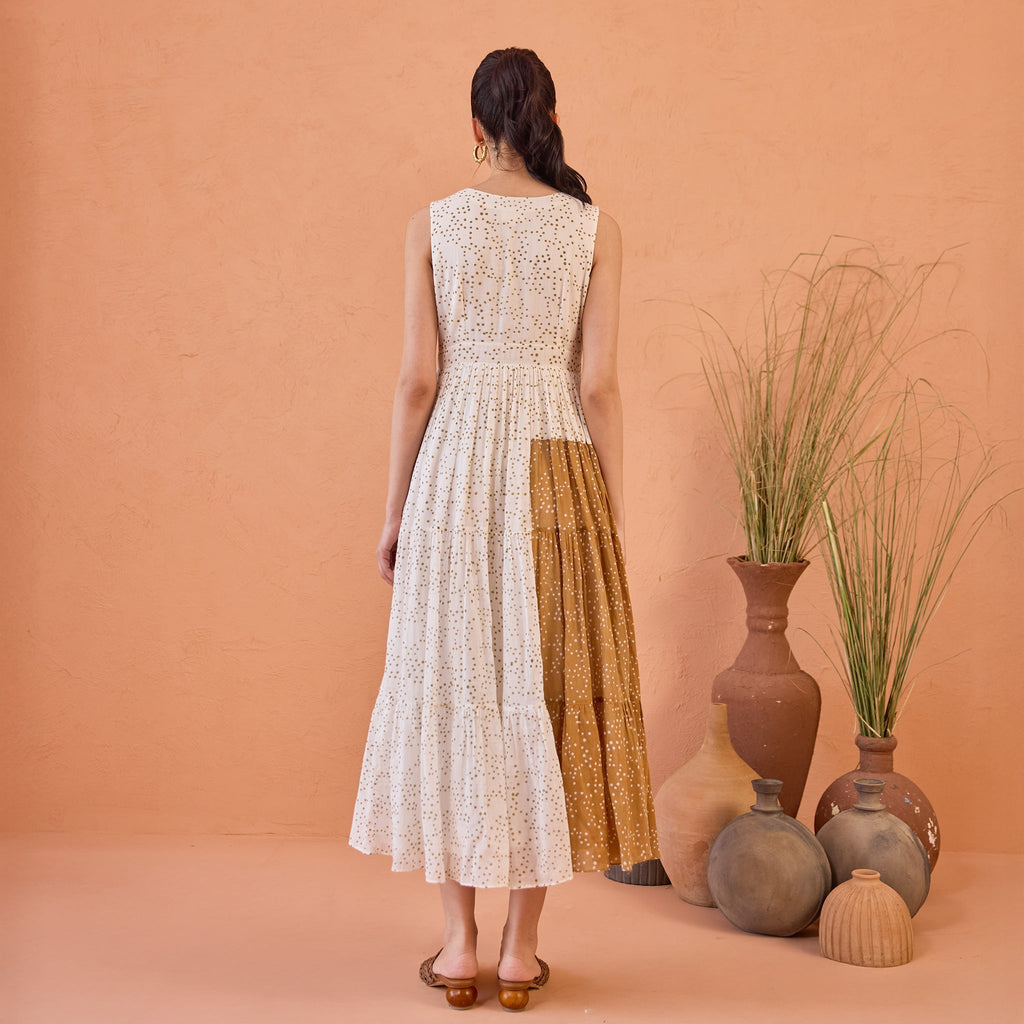 Coconut Dust at Kamakhyaa by Taro. This item is Artisan made, Cotton Mulmul, Handblock Printed, Sleeveless Dresses, Under $50, Whispers of Summer by Taro, White
