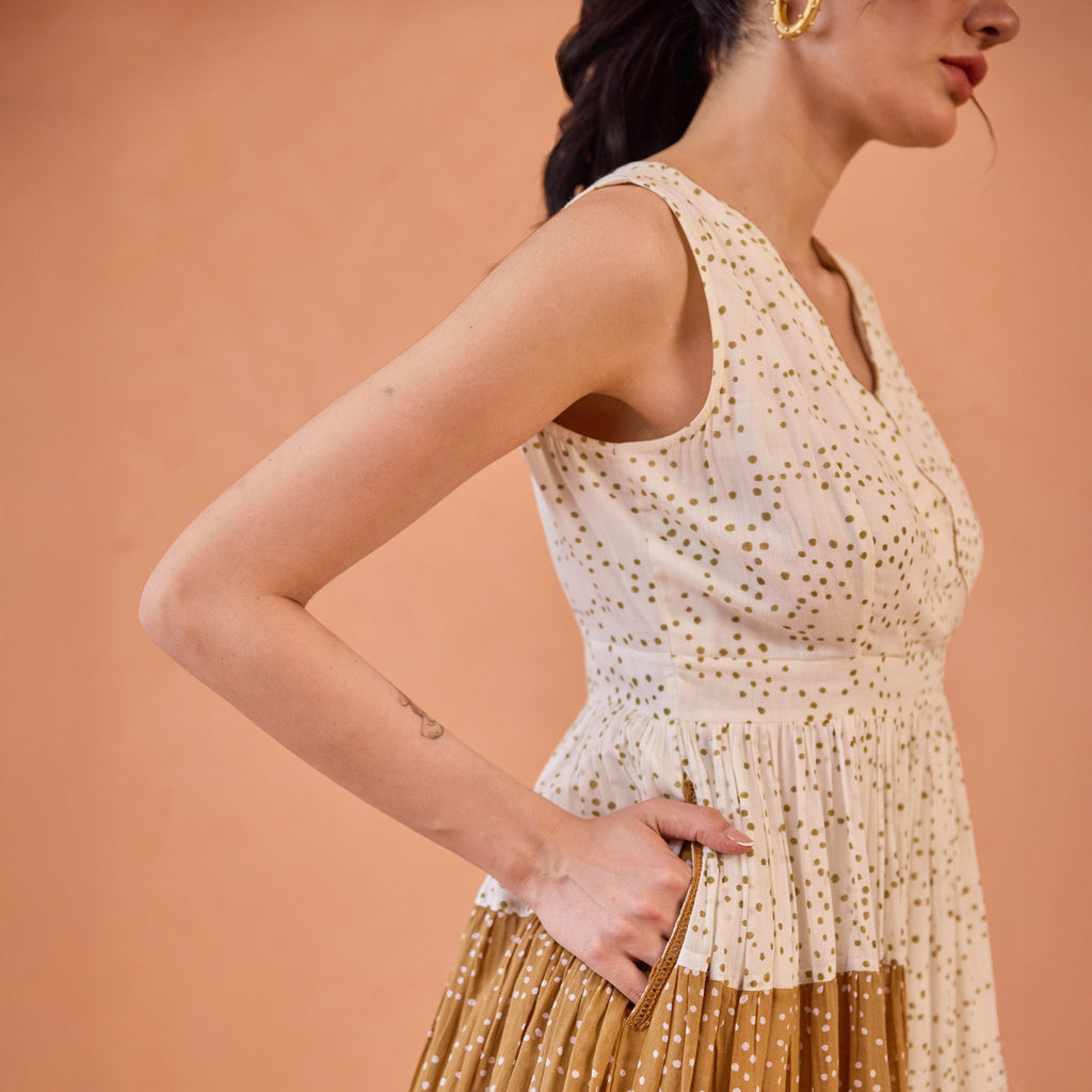 Coconut Dust at Kamakhyaa by Taro. This item is Artisan made, Cotton Mulmul, Handblock Printed, Sleeveless Dresses, Under $50, Whispers of Summer by Taro, White